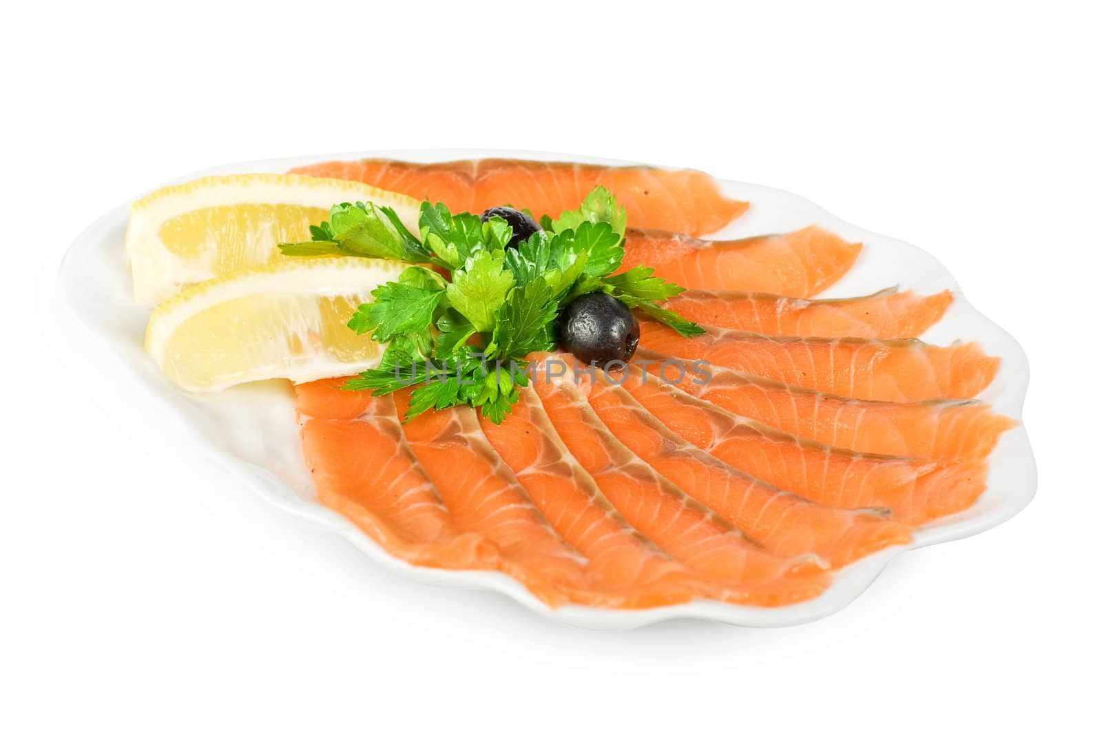 Salmon with lettuce, lemon and olive on white background