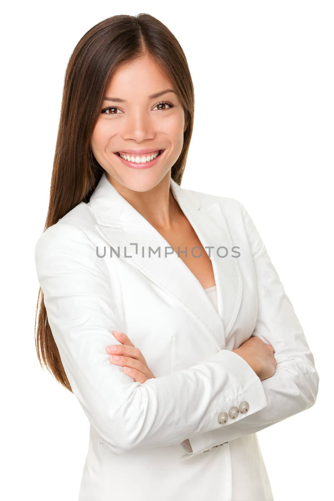 Asian business woman. Businesswoman portrait of smiling happy mixed race young professional in her twenties isolated on white background wearing white suit standing proud and content. Mixed Asian Chinese and Caucasian female model.