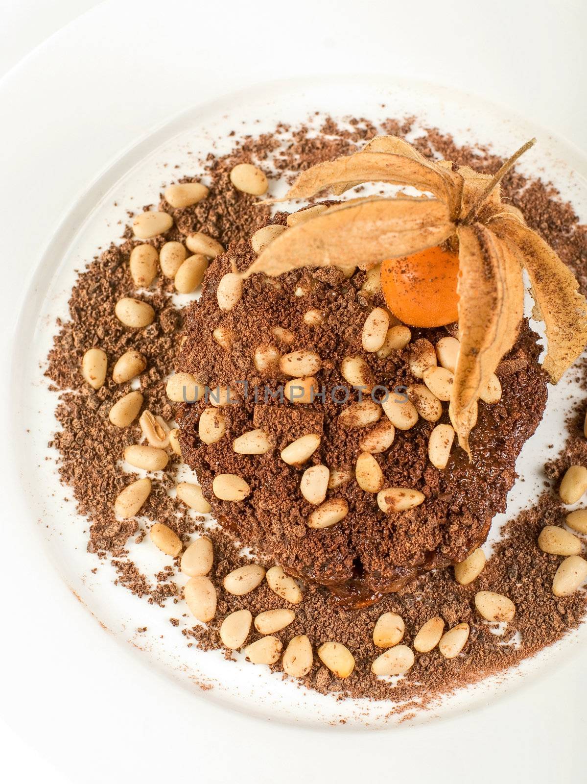 Chocolate risotto dessert closeup isolated on a white background