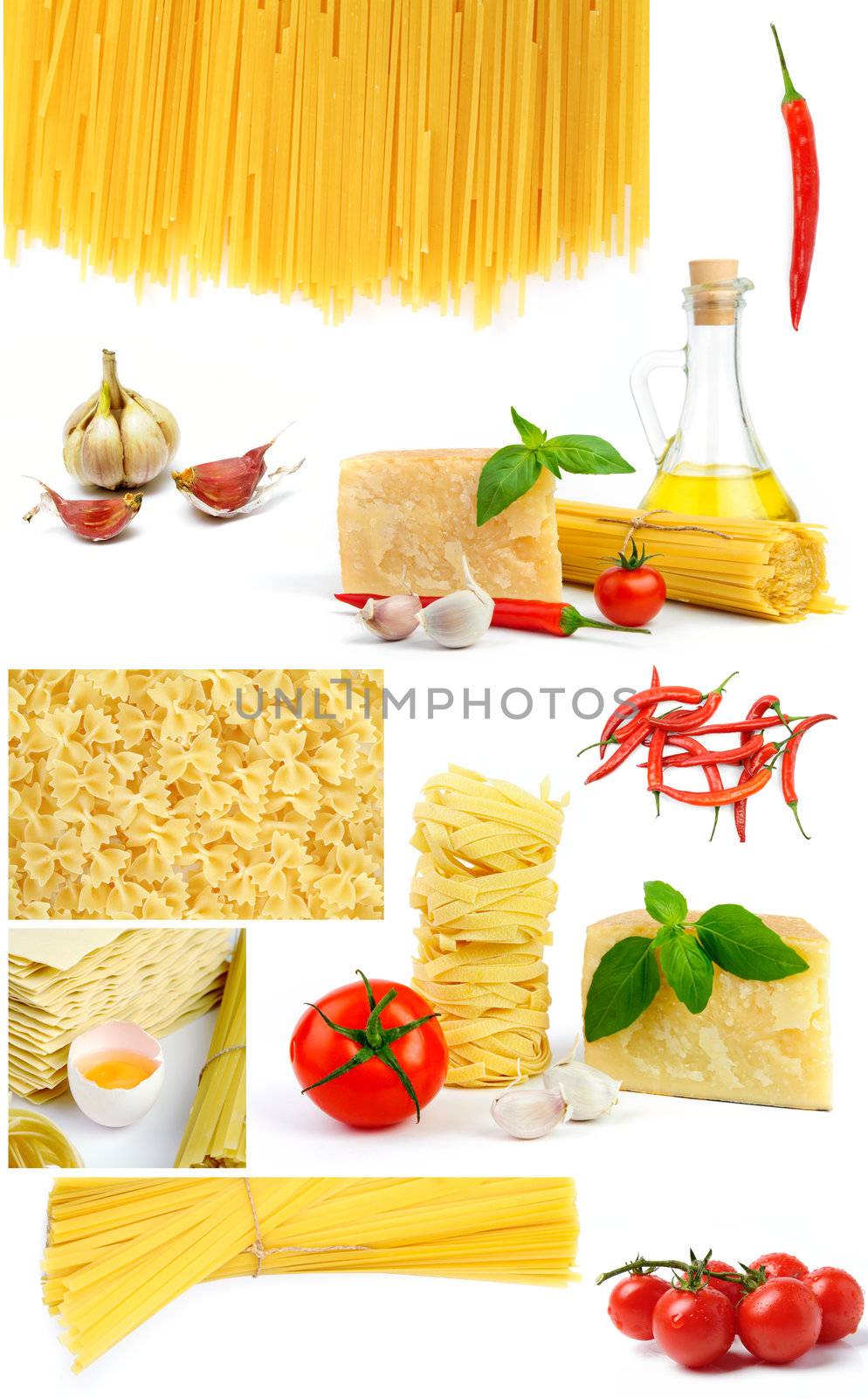 An image of various italian food: pasta, cheese, tomatoes