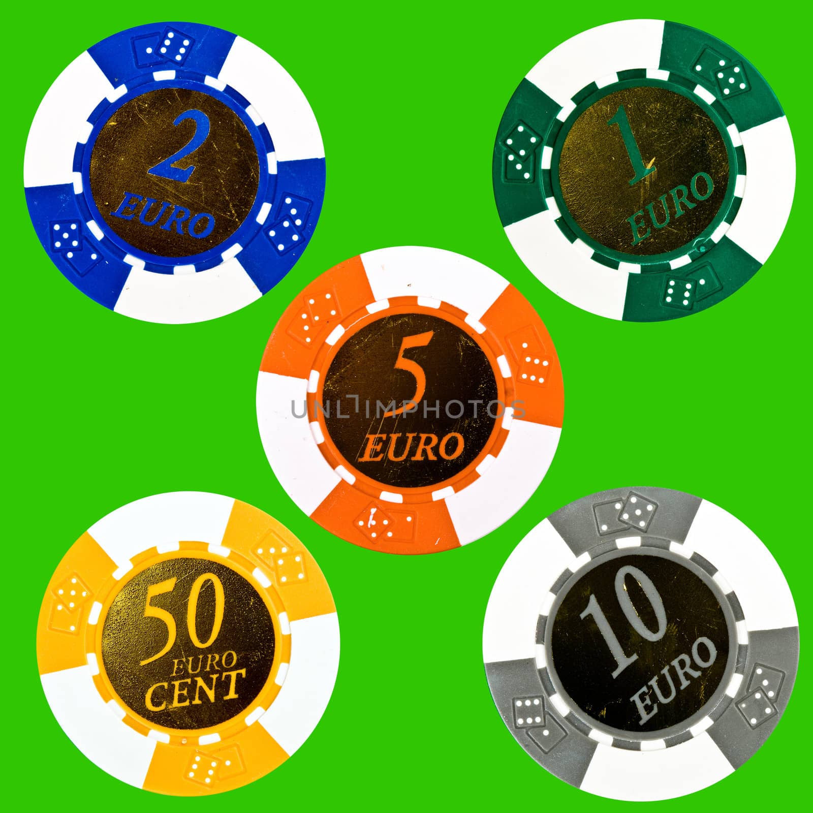 An image of five poker chips on green background