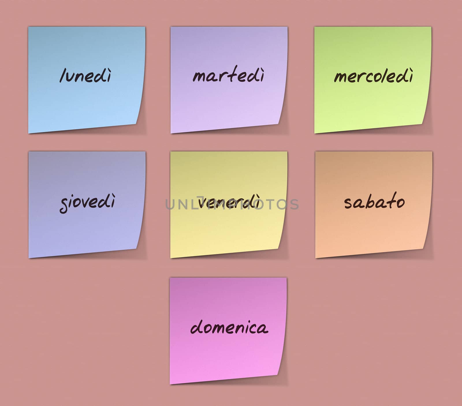 Color Paper Notes With Handwritten Weekdays in Italian
