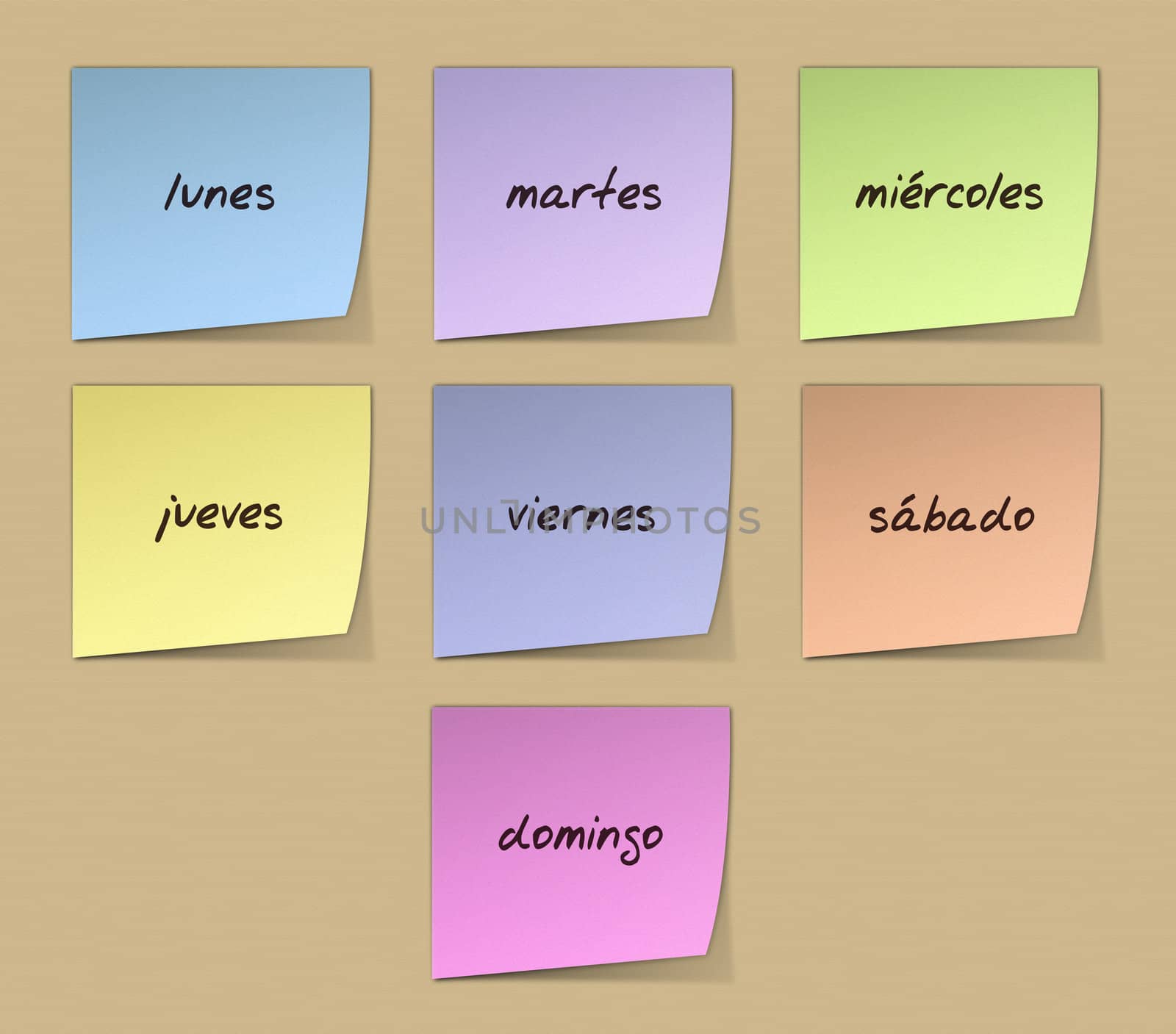 Color Paper Notes With Handwritten Weekdays in Spanish