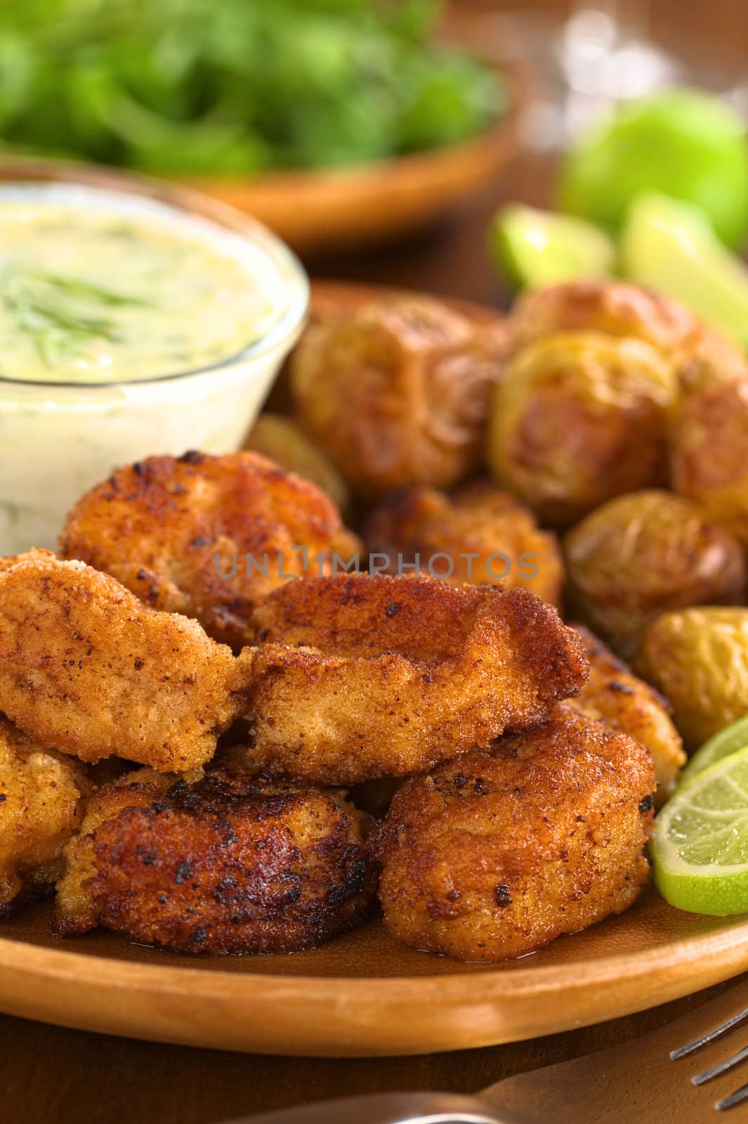 Breaded fried calamary pieces with small baked potatoes and tzatziki (Selective Focus, Focus on the front of the two upper calamary pieces)