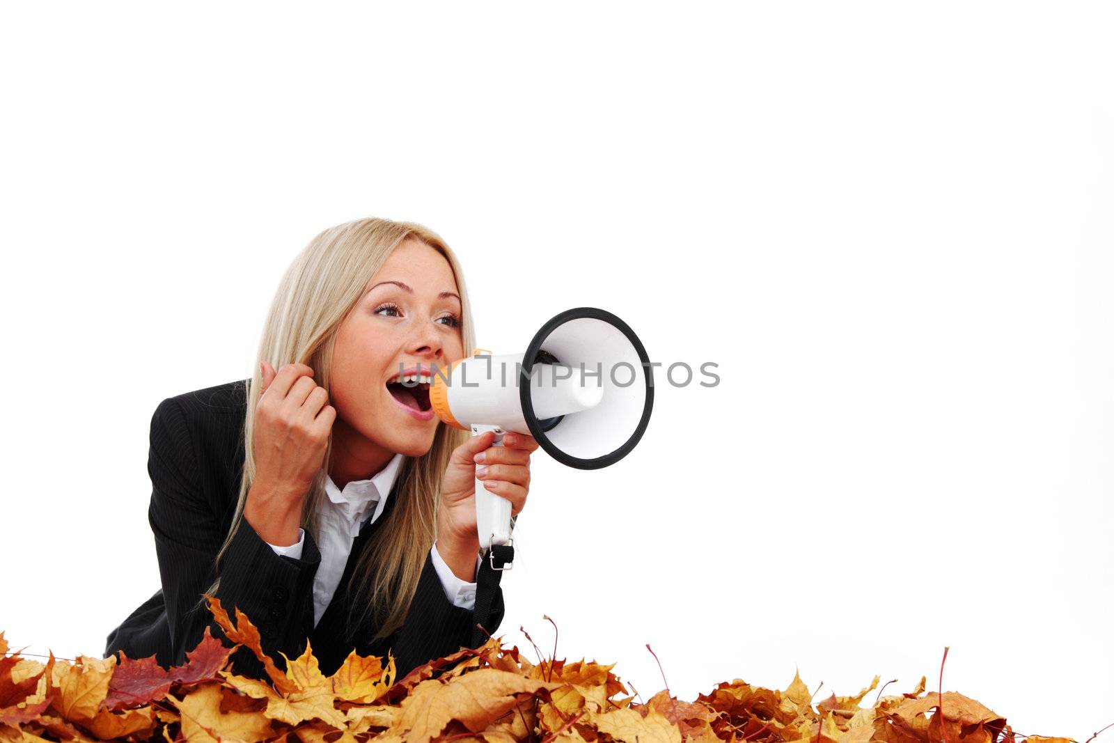 autumn businesswoman with megaphone studio isolated in studio