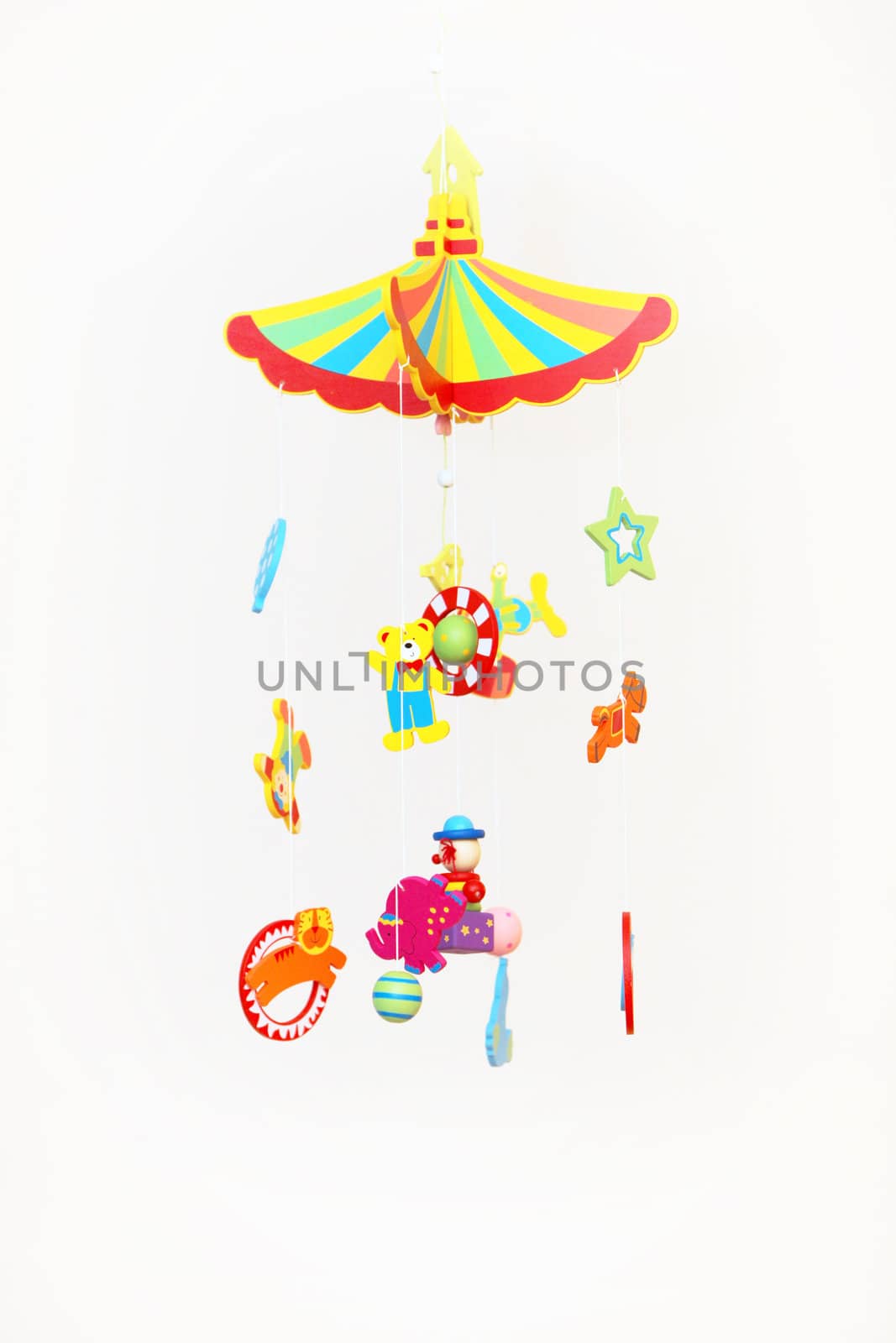 Colourful Hanging Toy Mobile with many suspended delicate shapes to be set in motion by air currents or by hand