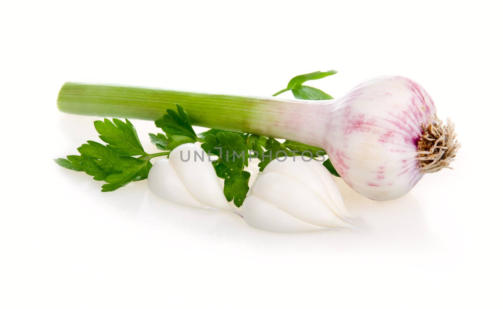 Garlic Vegetable with Green Parsley Leaves Isolated on White Background 