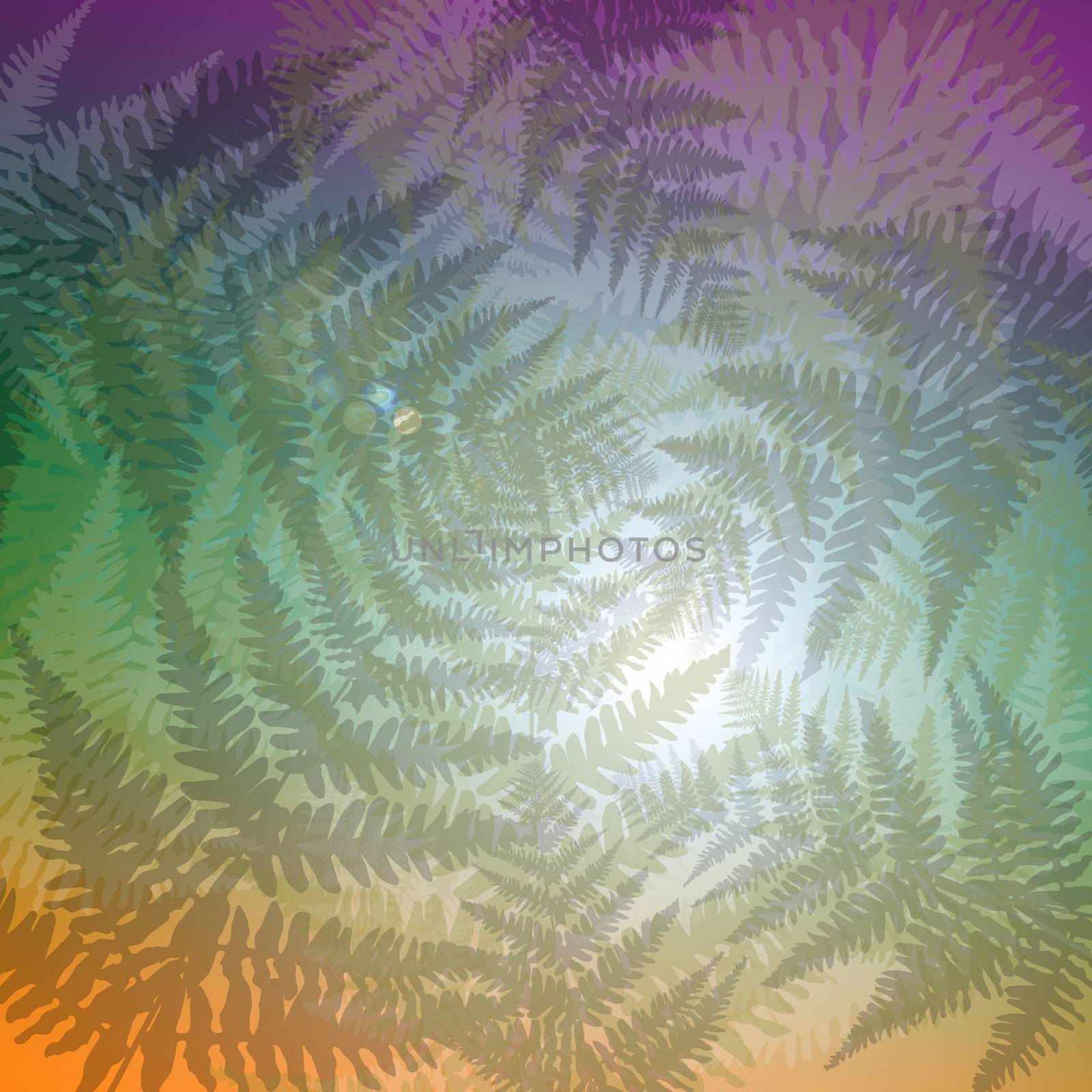 Abstract illustration depicting many autumnal fern leaves against abstract light effect background.