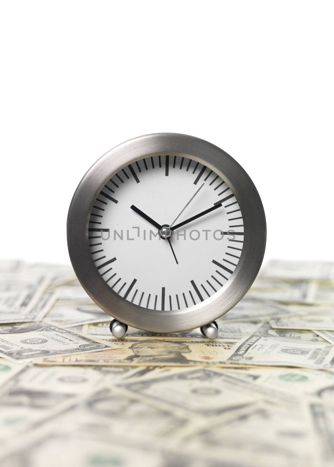 Clock and Money on white Background