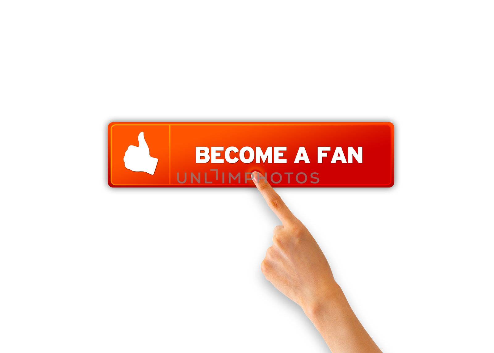 Hand pointing at an orange Become A Fan icon. 