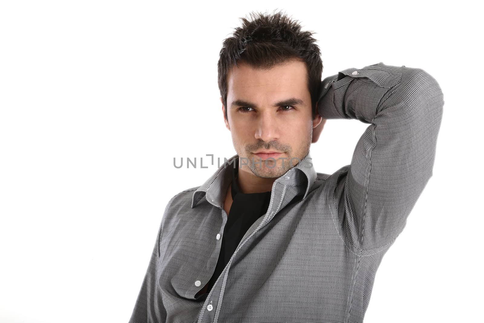 Handsome man in shirt and black scarf