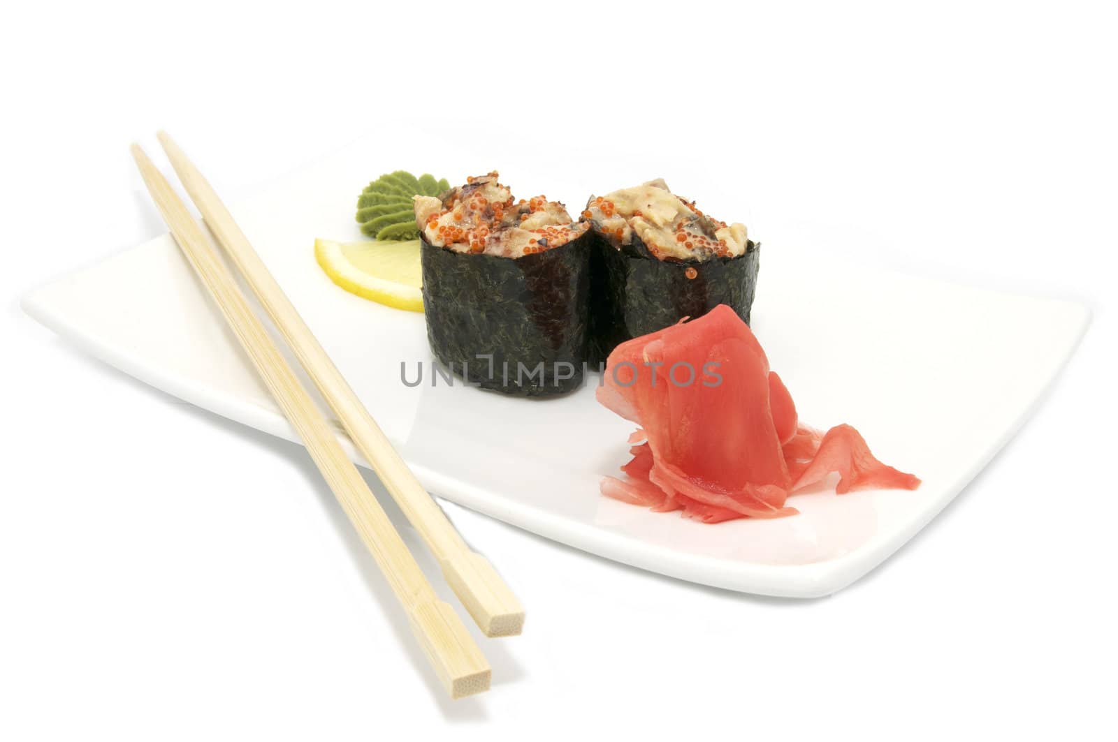 sushi and chopsticks on the Japanese plate