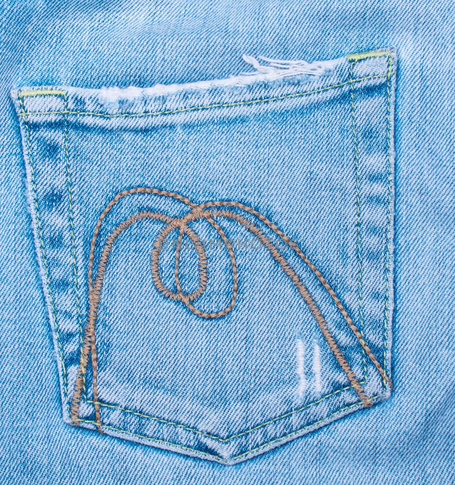 Old battered jeans pocket background close up