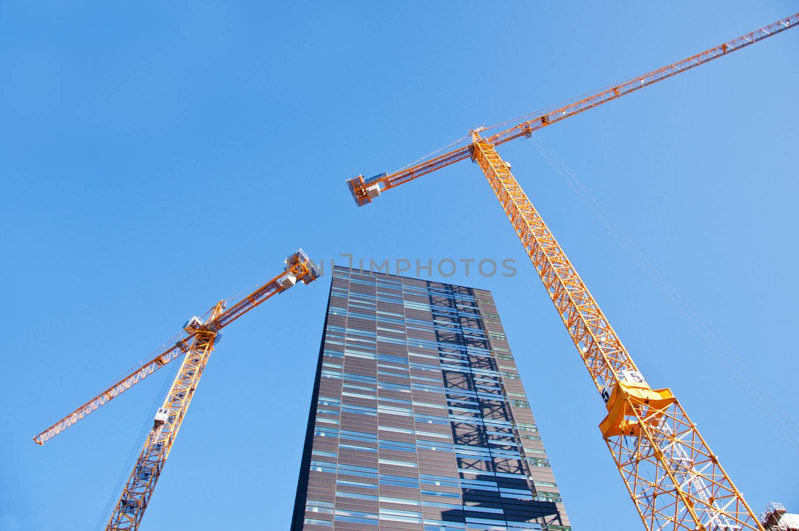 Skyscraper with tower cranes on sky background