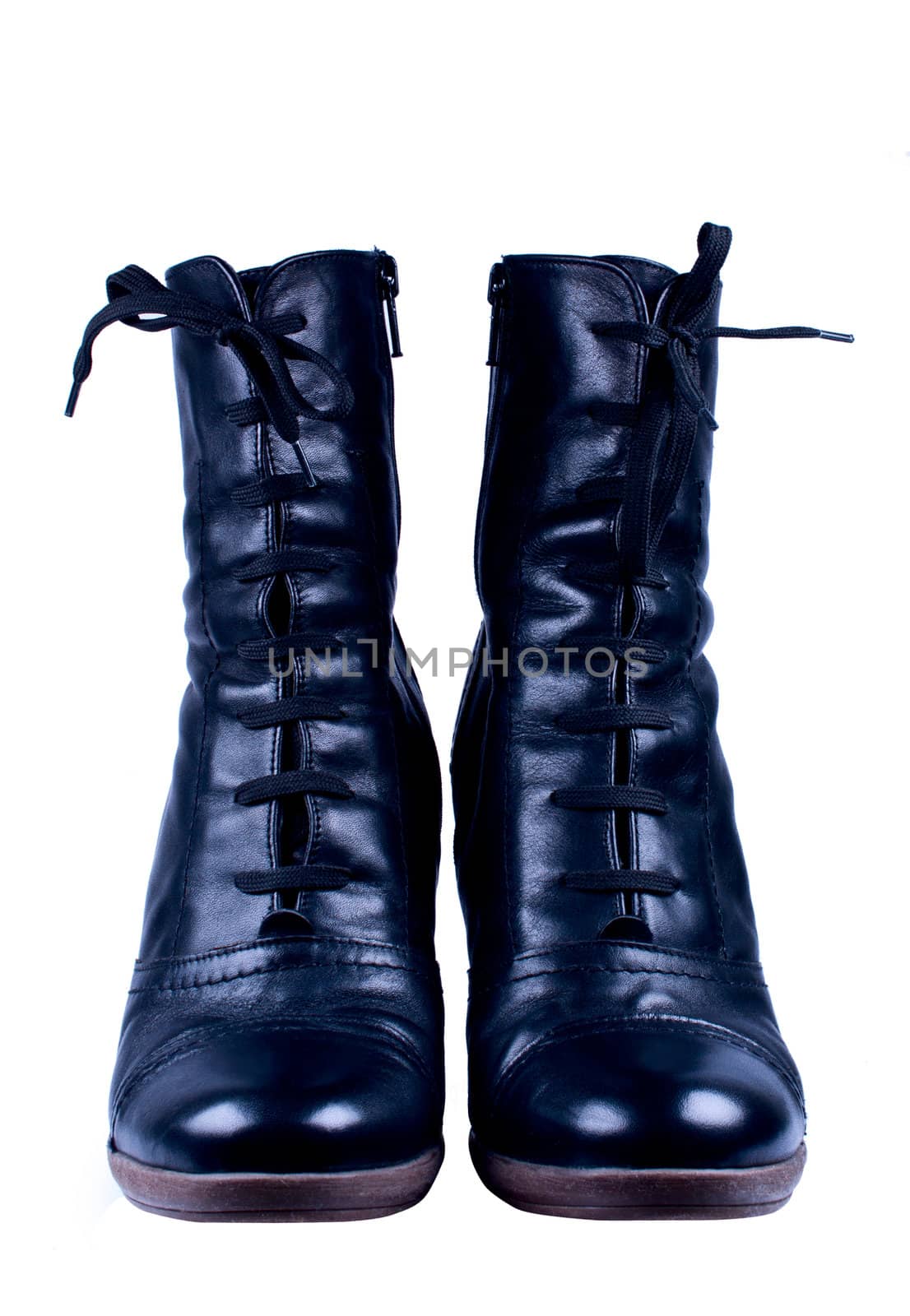 Women's black boots with laces isolated close up