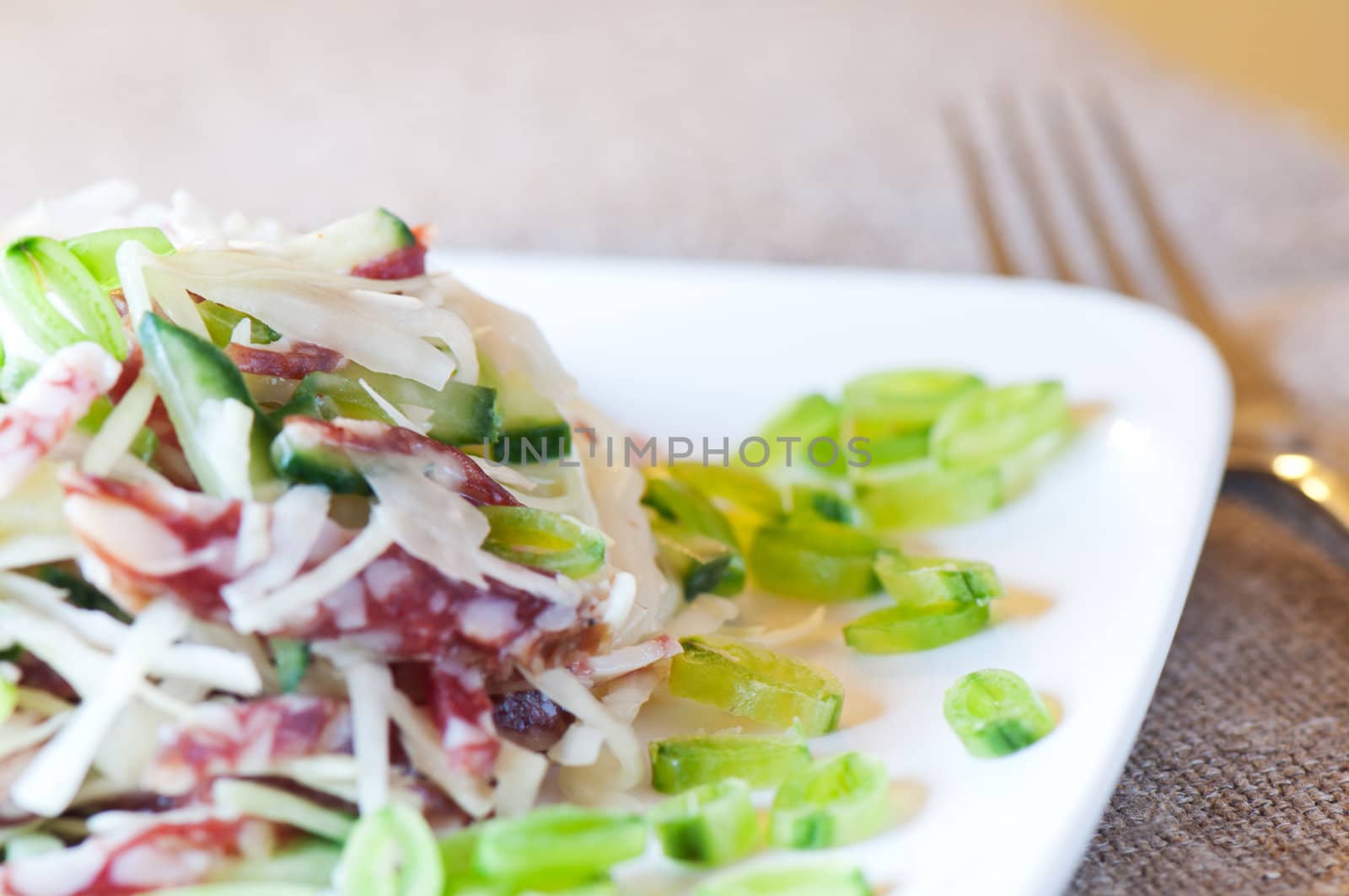 Cabbage salad, sausage, cucumber and green peas close up