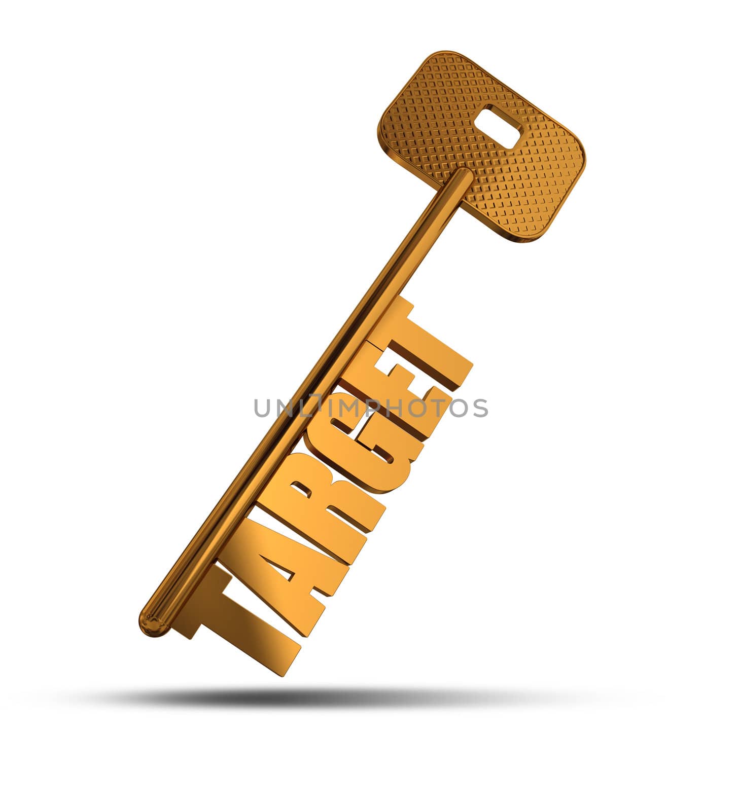 Target gold key isolated on white  background - Gold key with Target text as symbol for success in marketing - Conceptual image