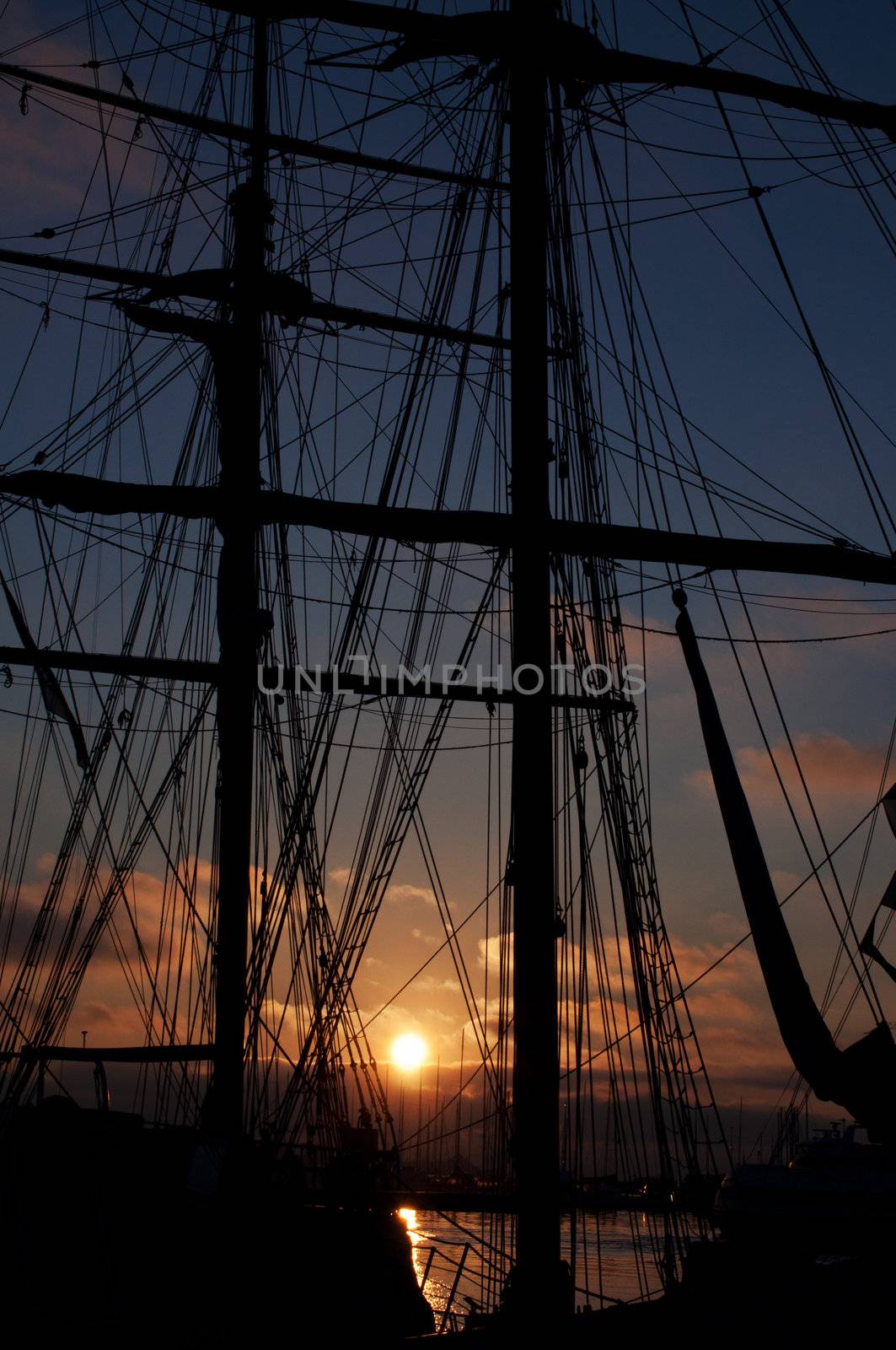 Tall ship silhouette at sunset at Oslo Fjord