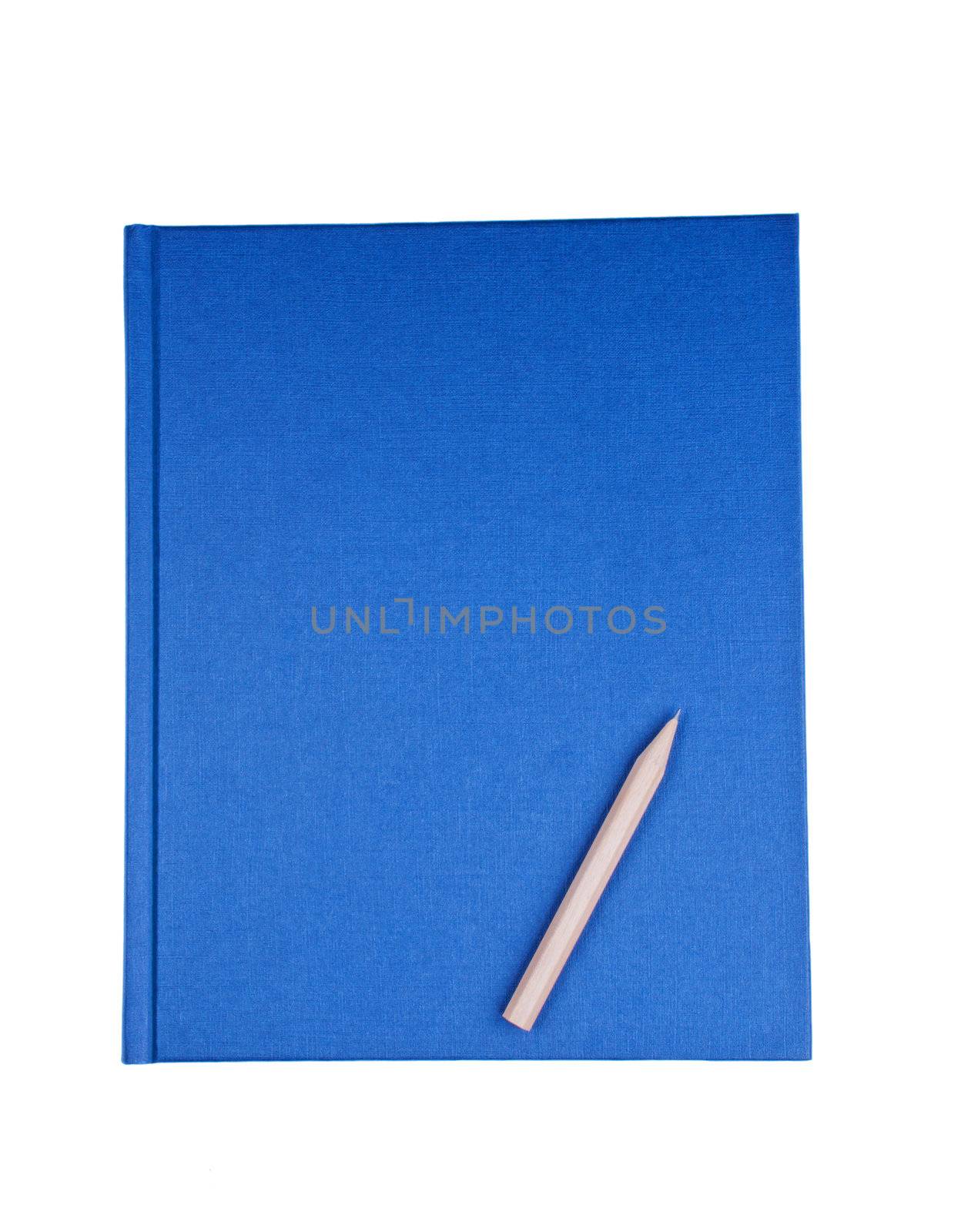 Blue notebook with pencil on white background