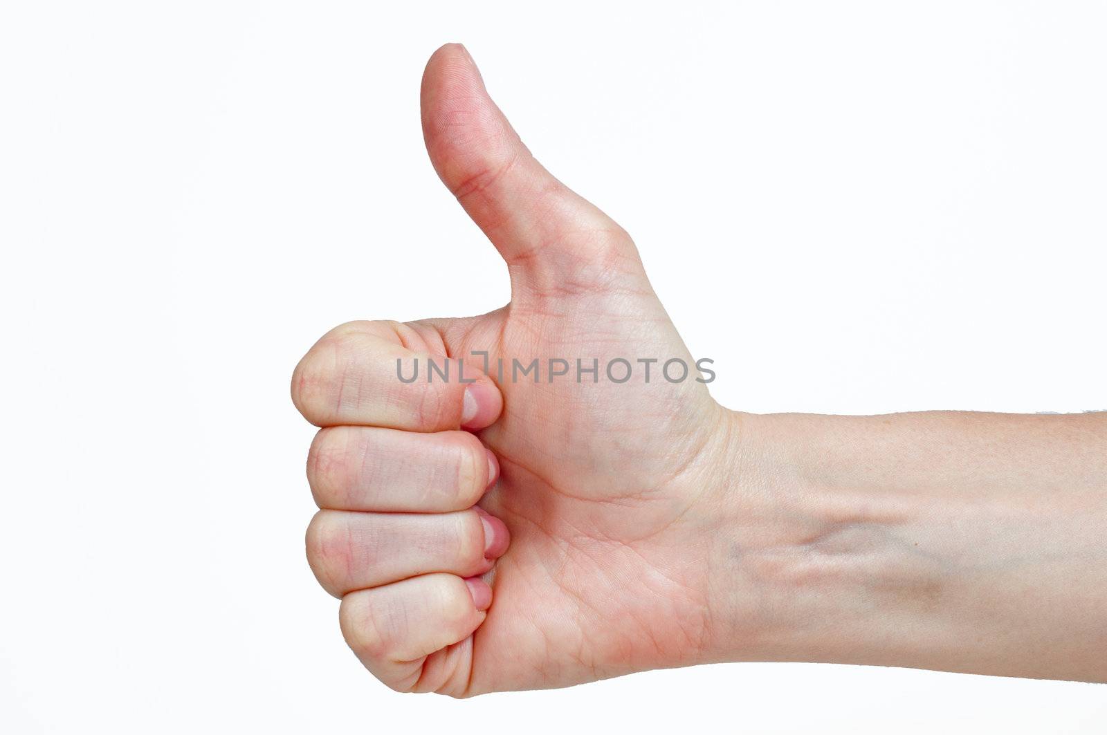 Woman's hand make thumbs up isolated over white