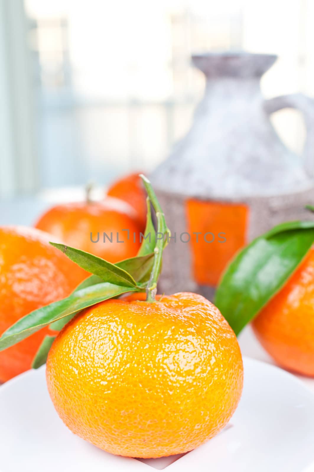 Tangerine with green leaves on a saucer pitcher background