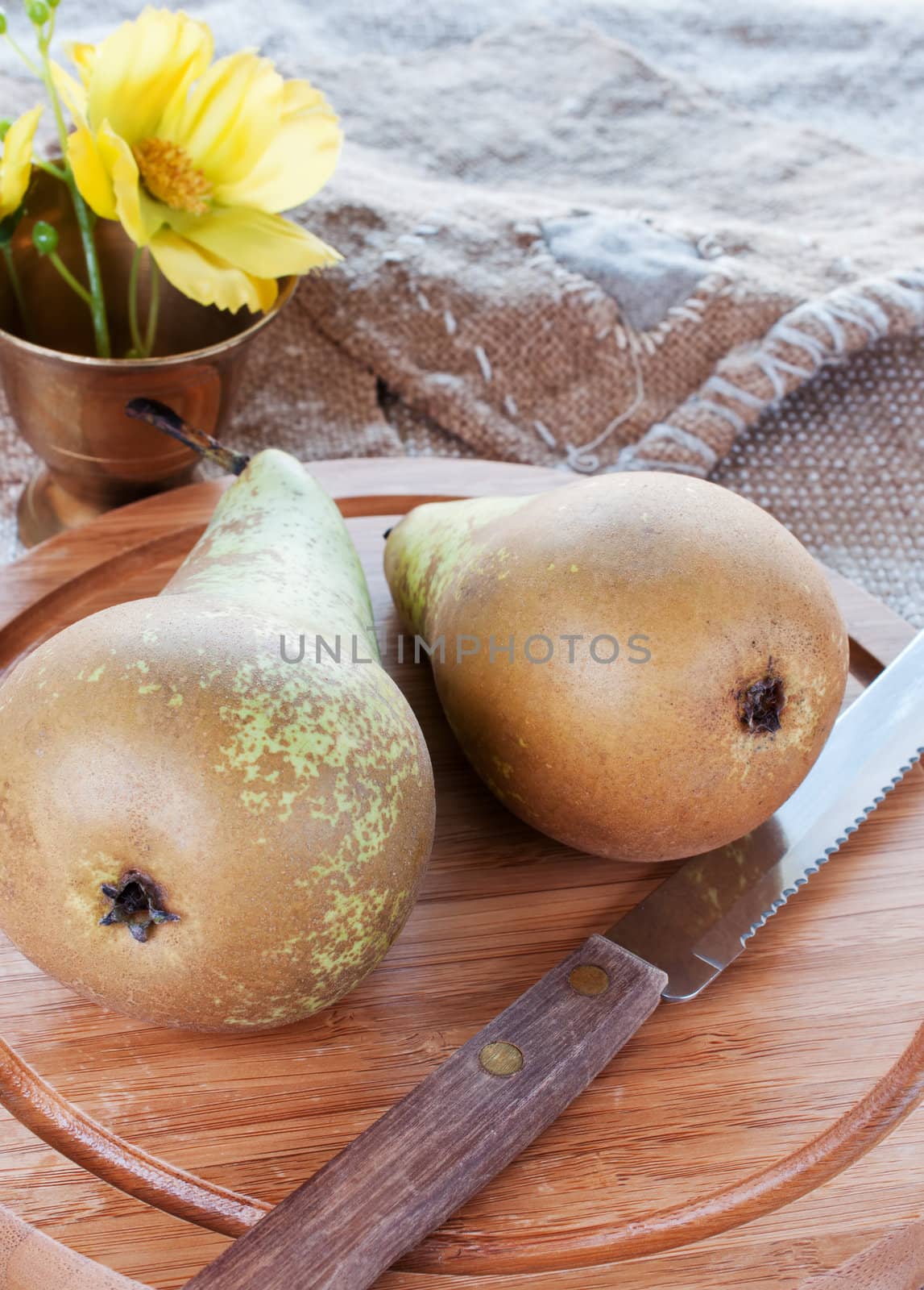 Pair of pears on cutting board