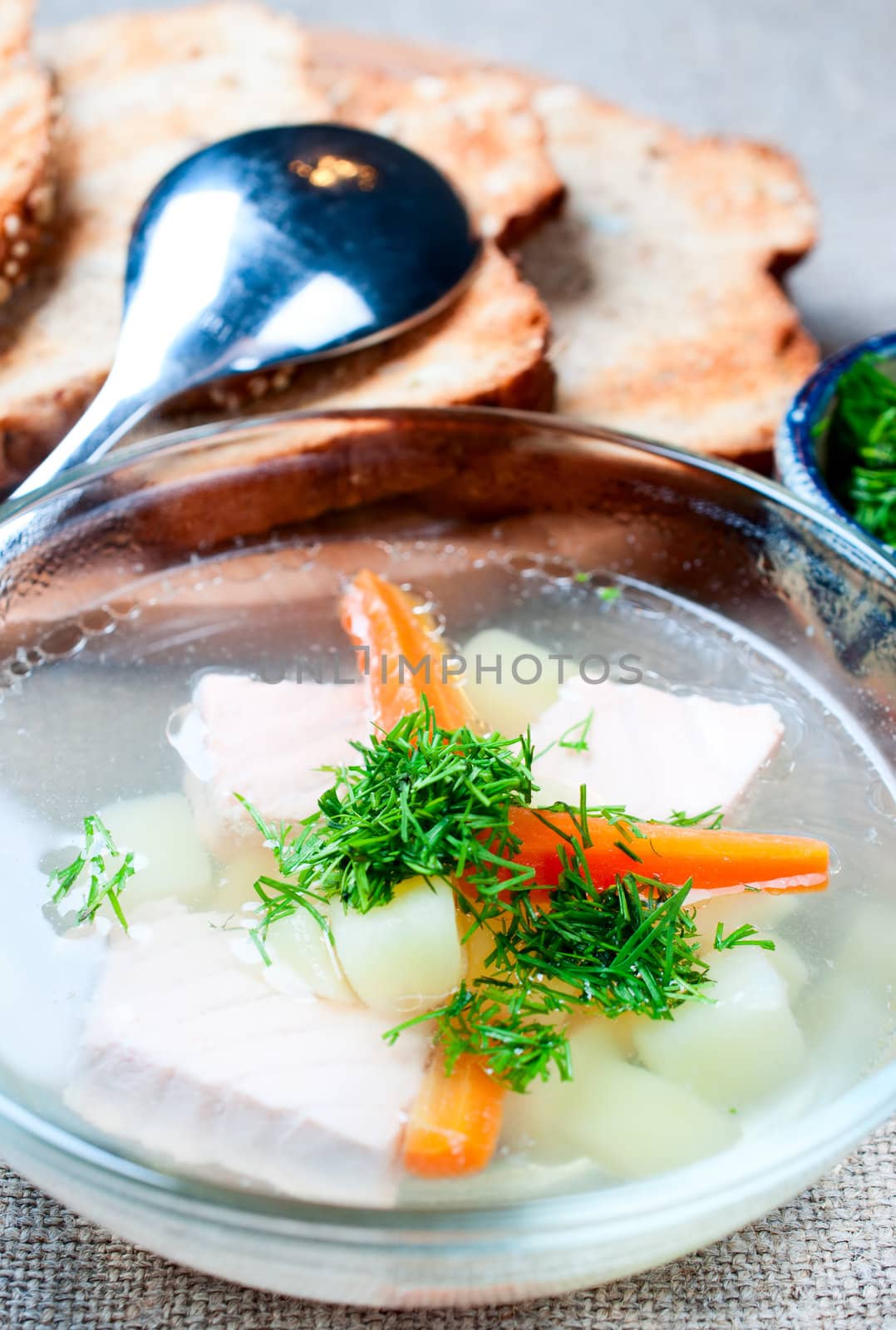 Salmon soup with vegetable in glass bowl by Nanisimova