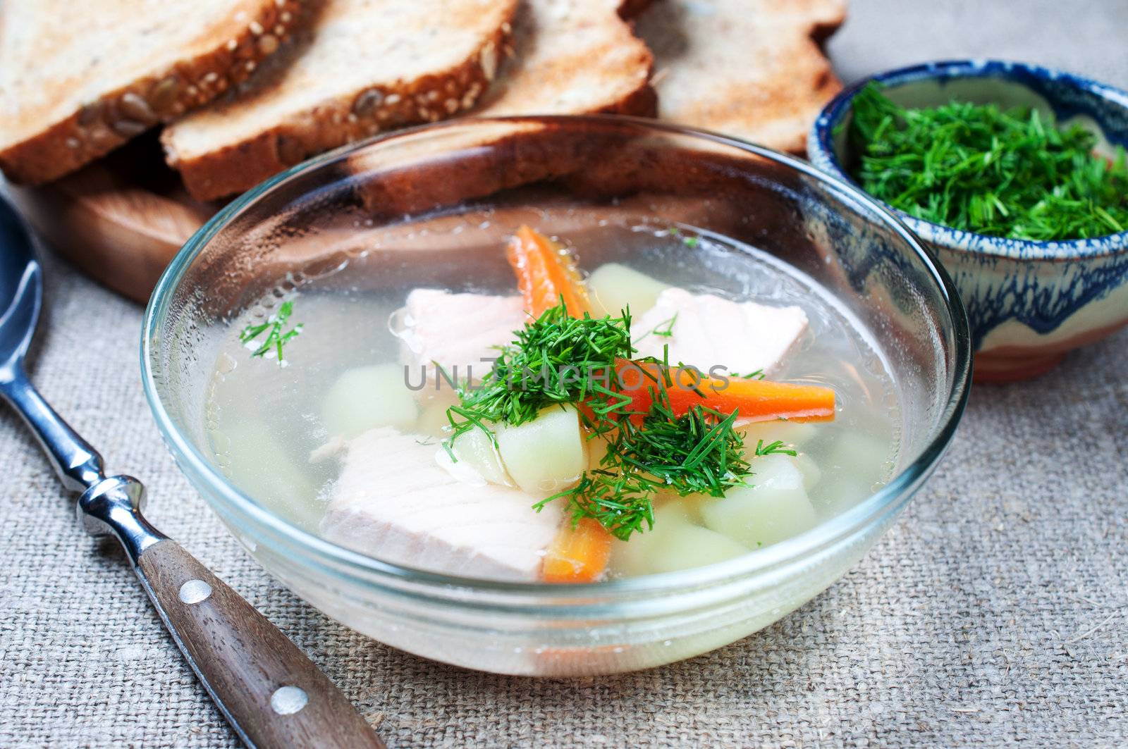 Salmon soup in glass bowl by Nanisimova