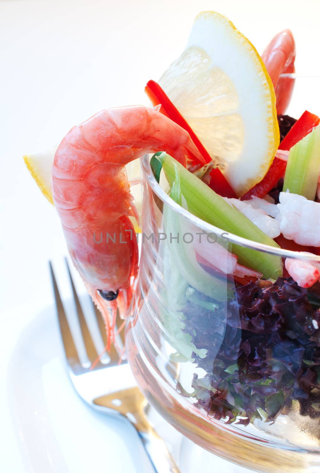 Shrimp cocktail in salad bowl
