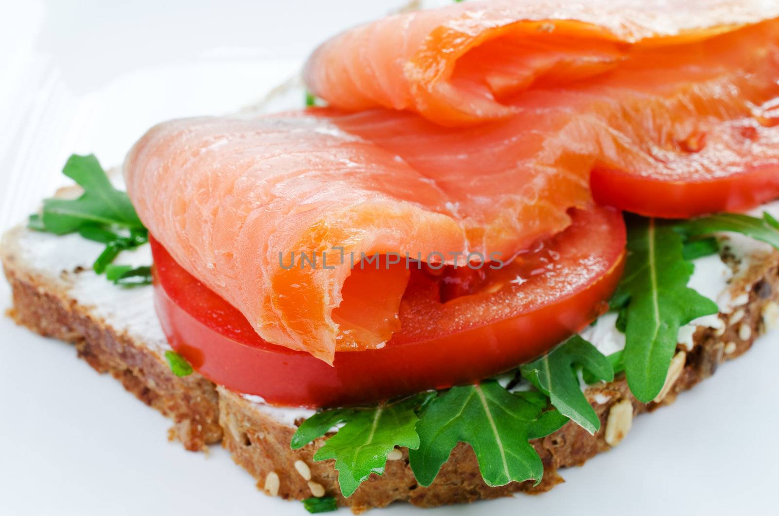 Smoked salmon sandwich with tomato and rucola on rye bread