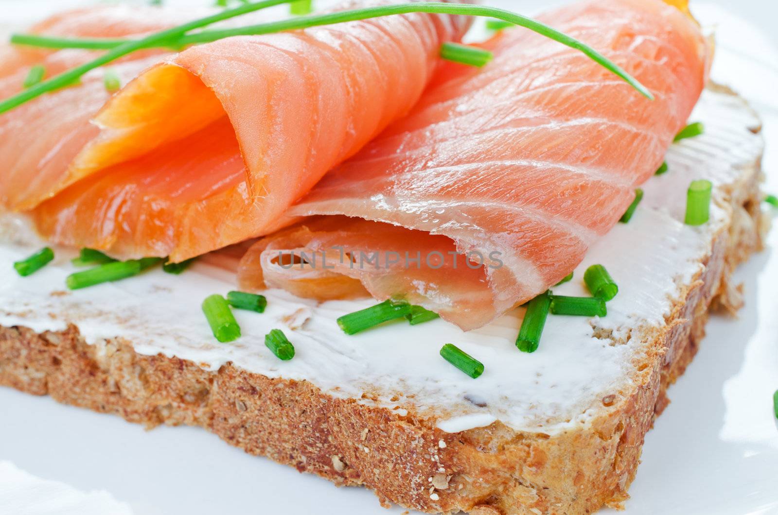Smoked salmon sandwich with cream cheese and chives close up