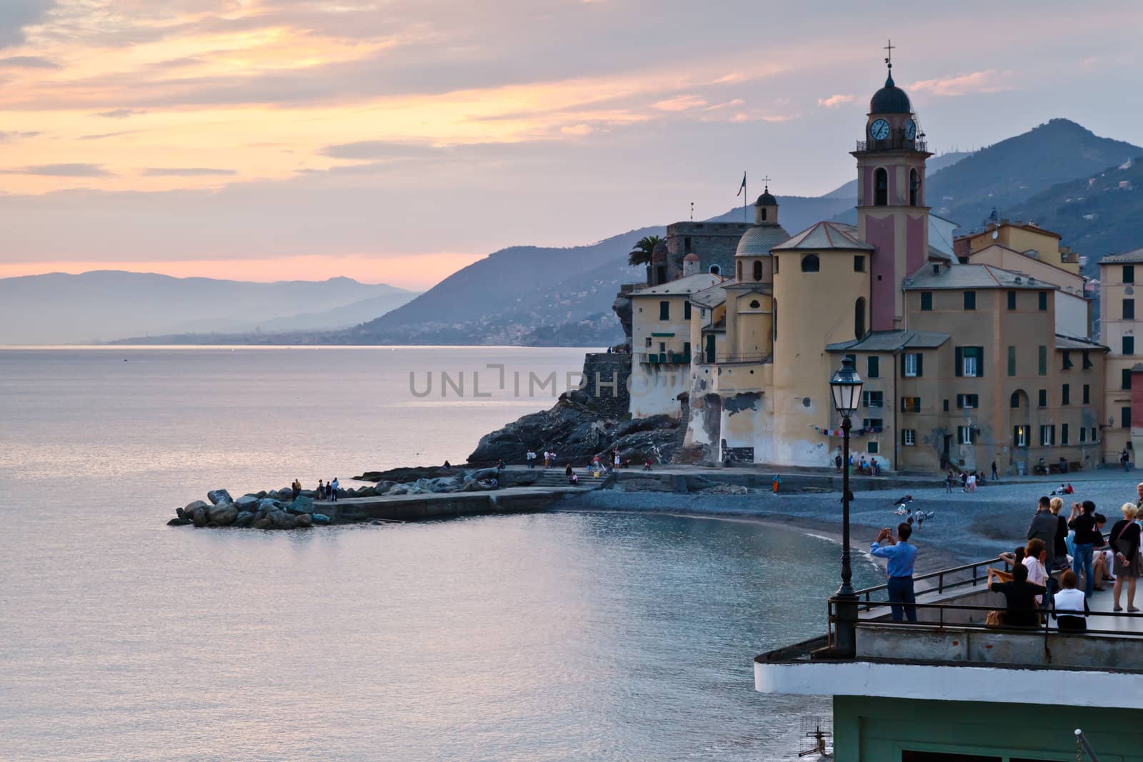 Dramatic Sunset on the Beach of Camogli, Italy