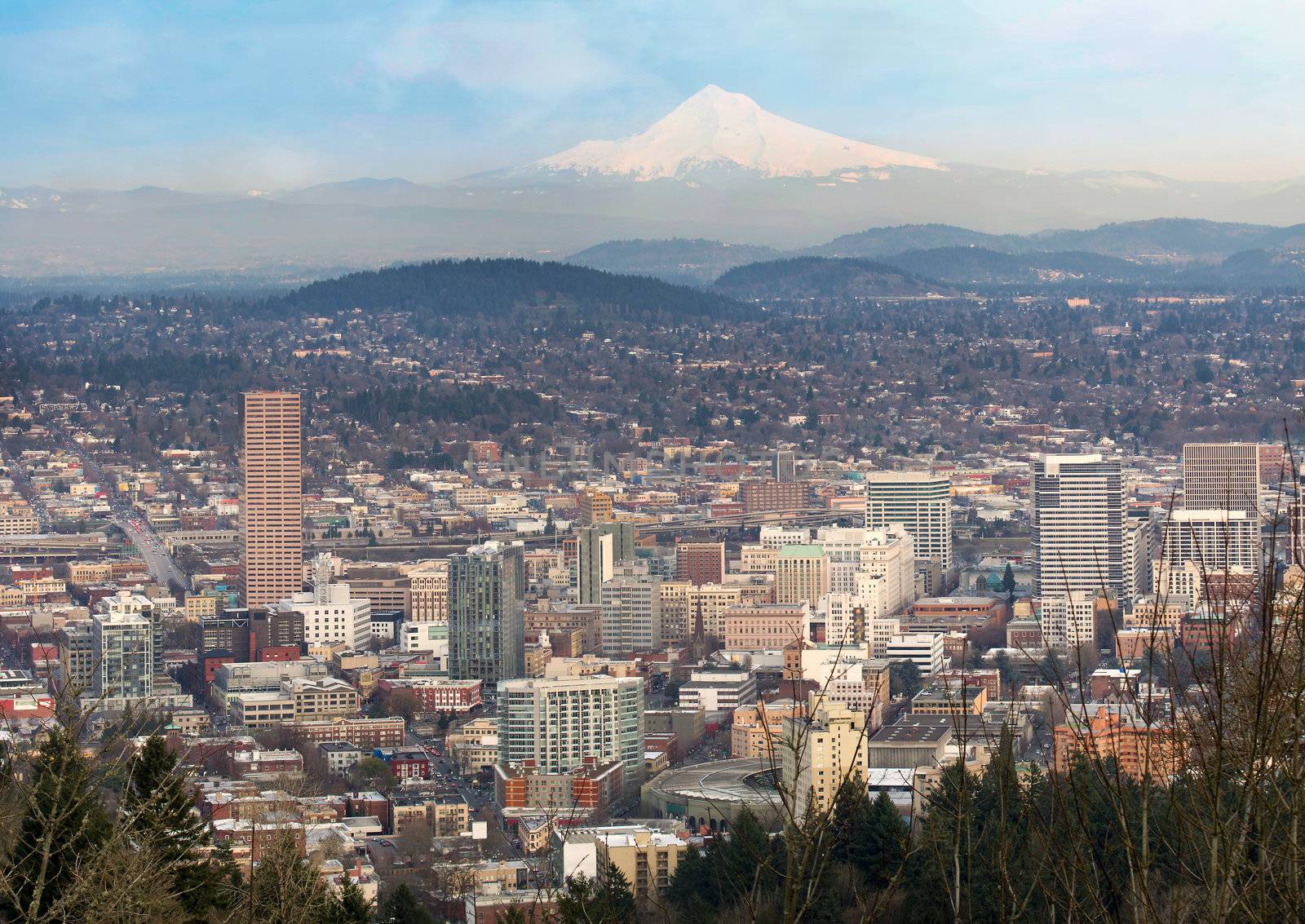 Portland Oregon Downtown Cityscape  with Mount Hood Daytime