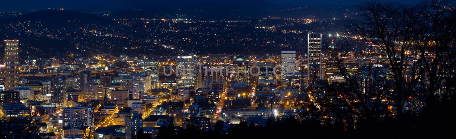 Portland Oregon Downtown Cityscape at Blue Hour Twilight Panorama