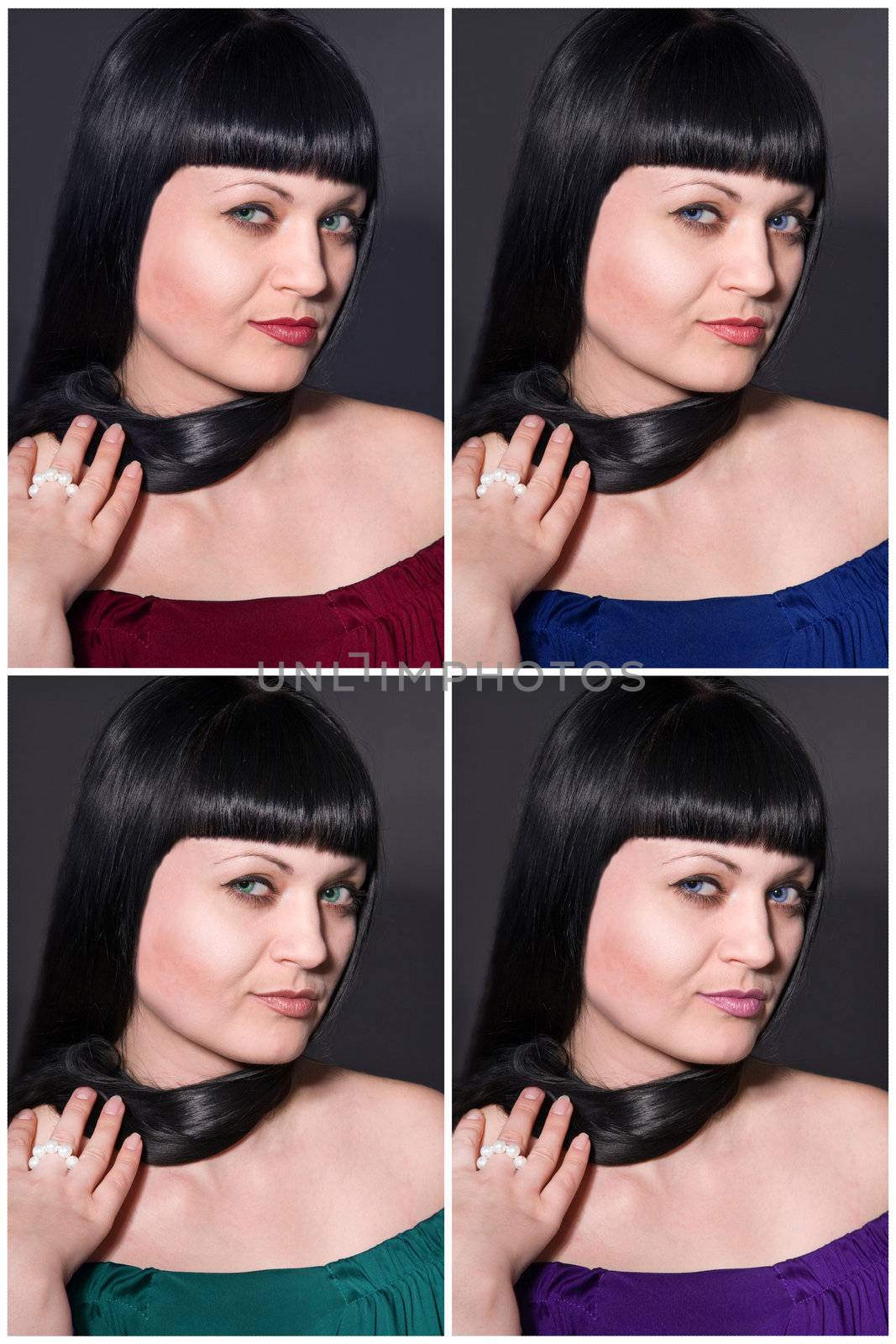 Collage from four photos. The beautiful brunette with smart hair