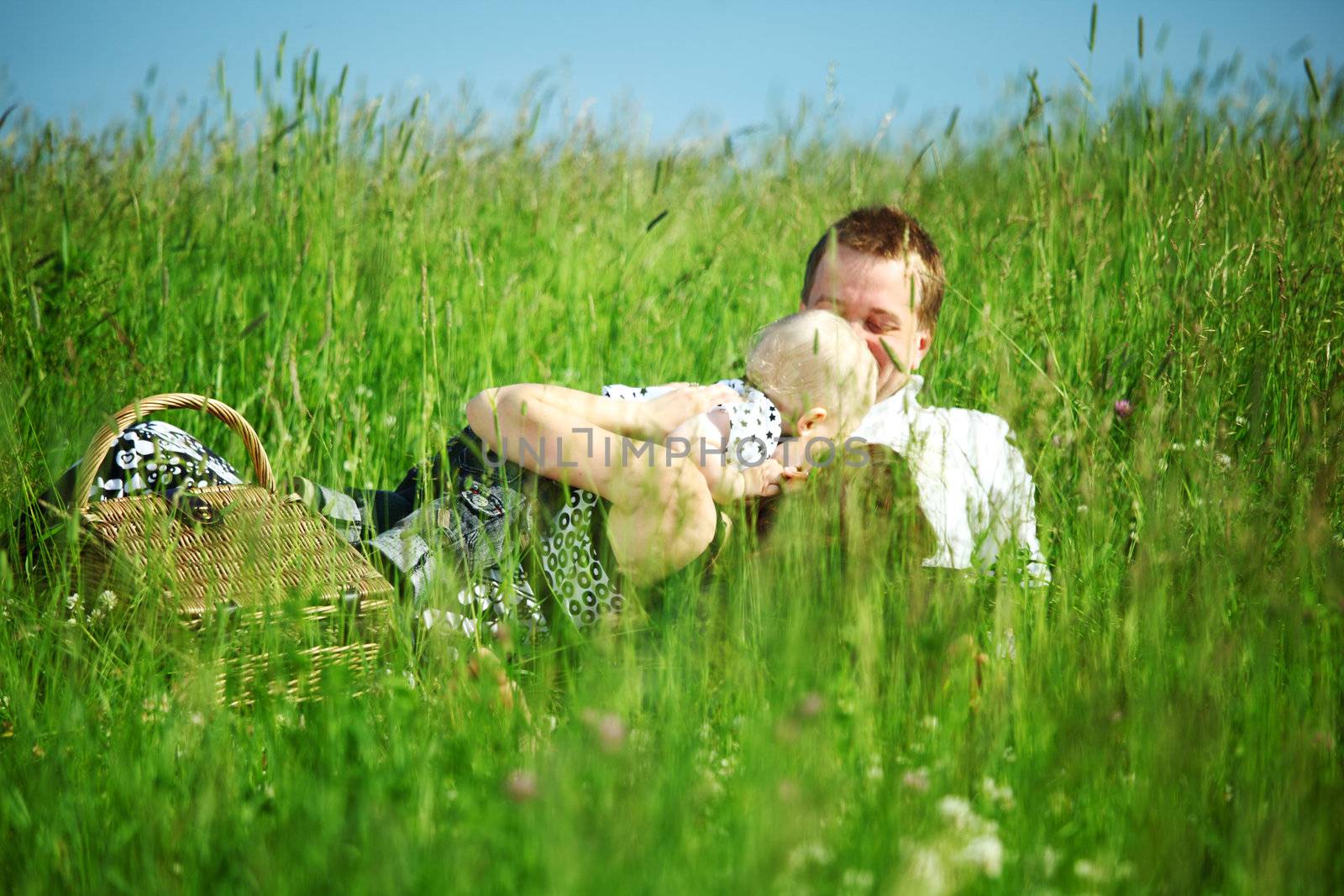  picnic of happy family on green grass