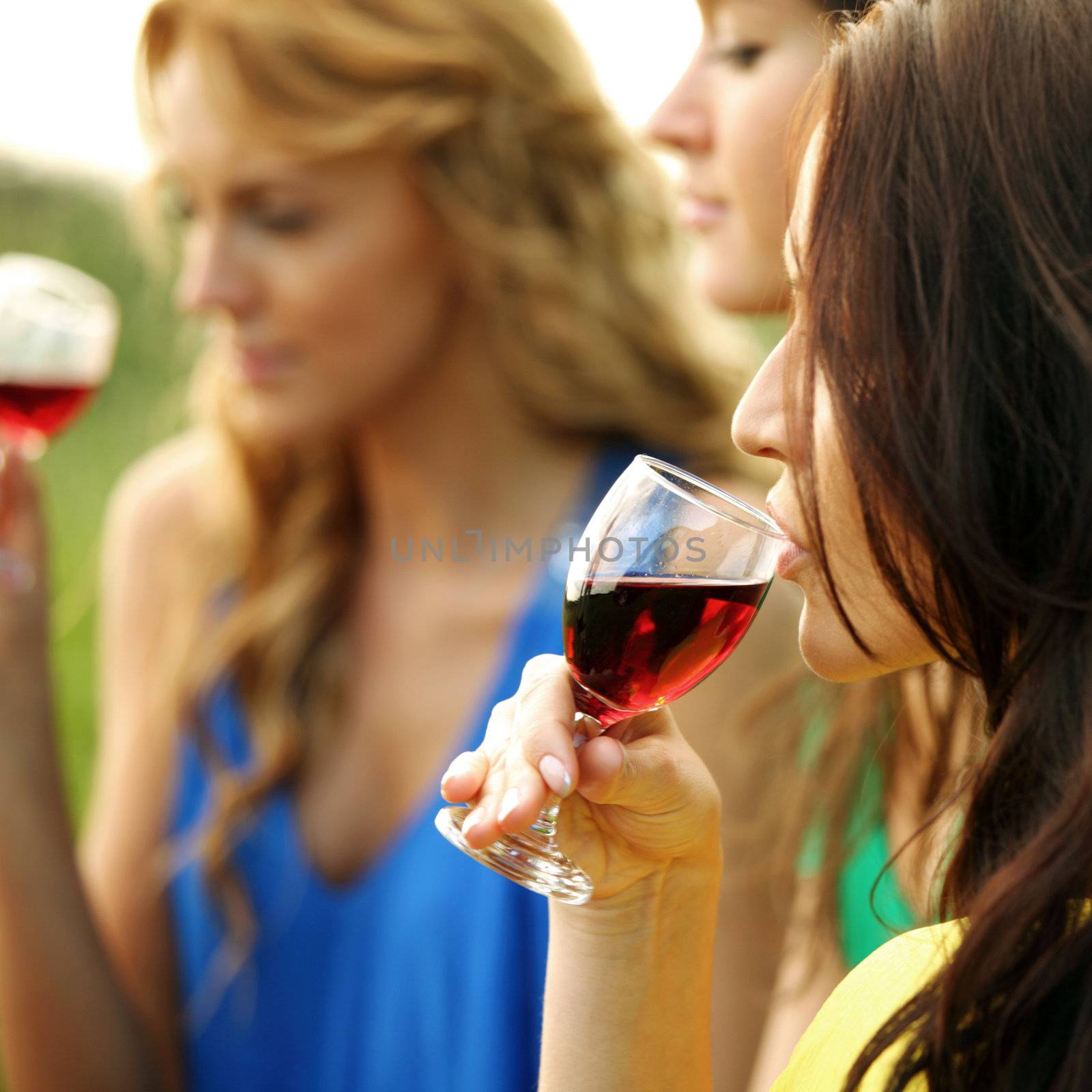 girls drink wine on nature background