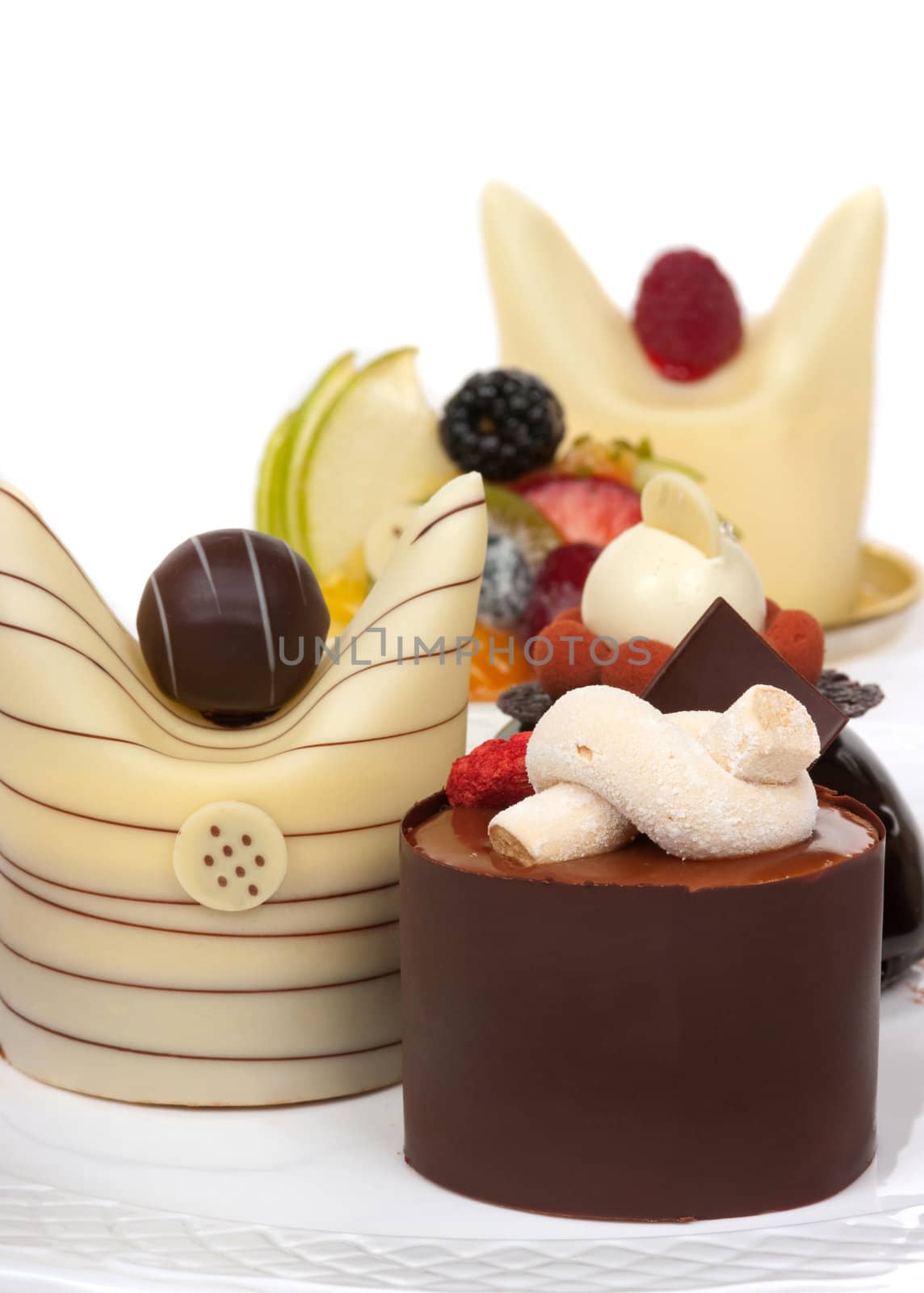 Gourmet French desserts with chocolate and fruit