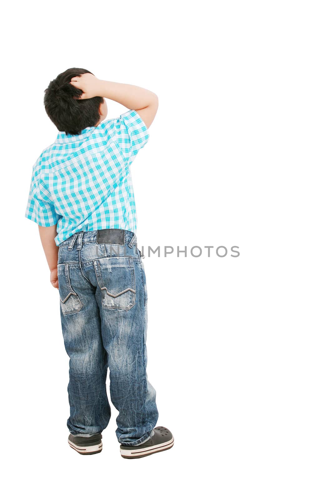 A portrait of a fashion pensive little boy; isolated on the white background