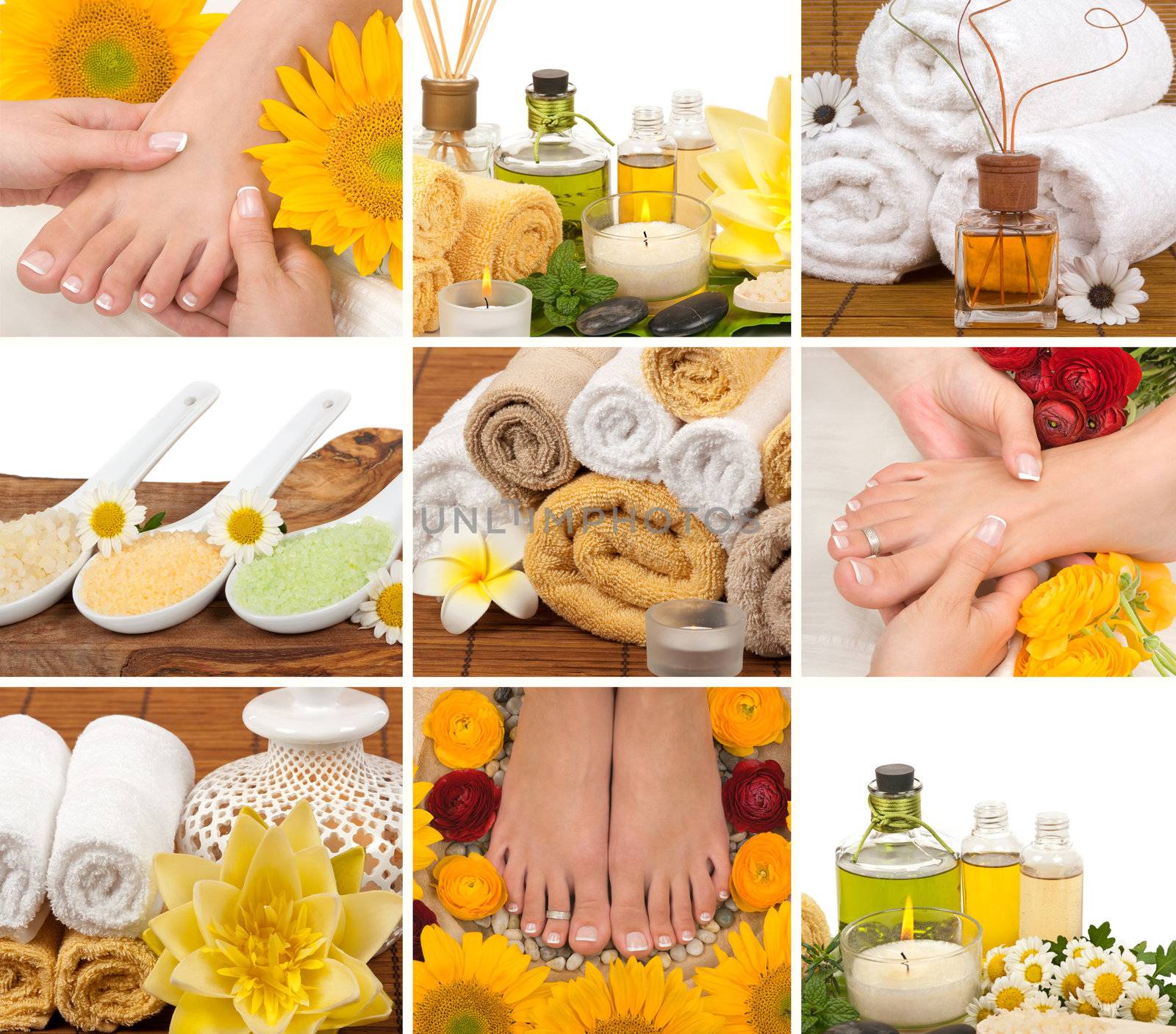 Spa, aromatherapy, massage, pedicure collage