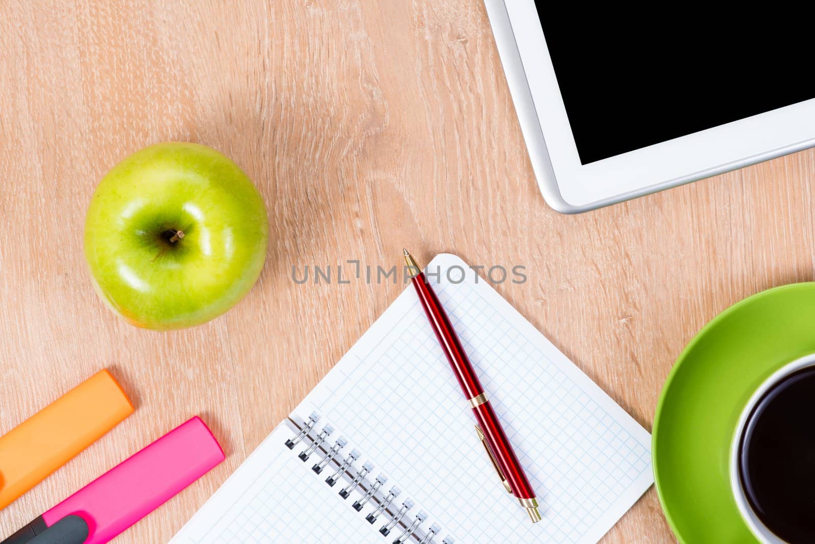 pen, coffee, notepad and tablet, workplace businessman