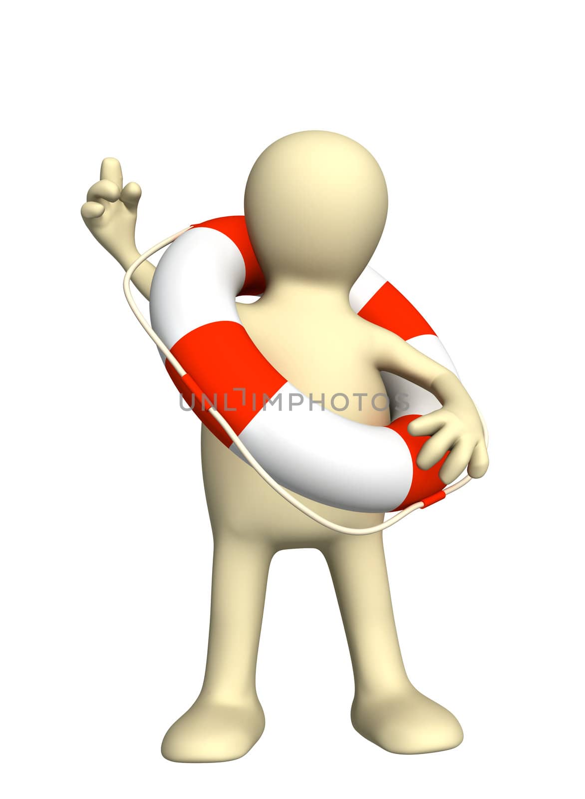 Puppet with lifebuoy. Isolated over white