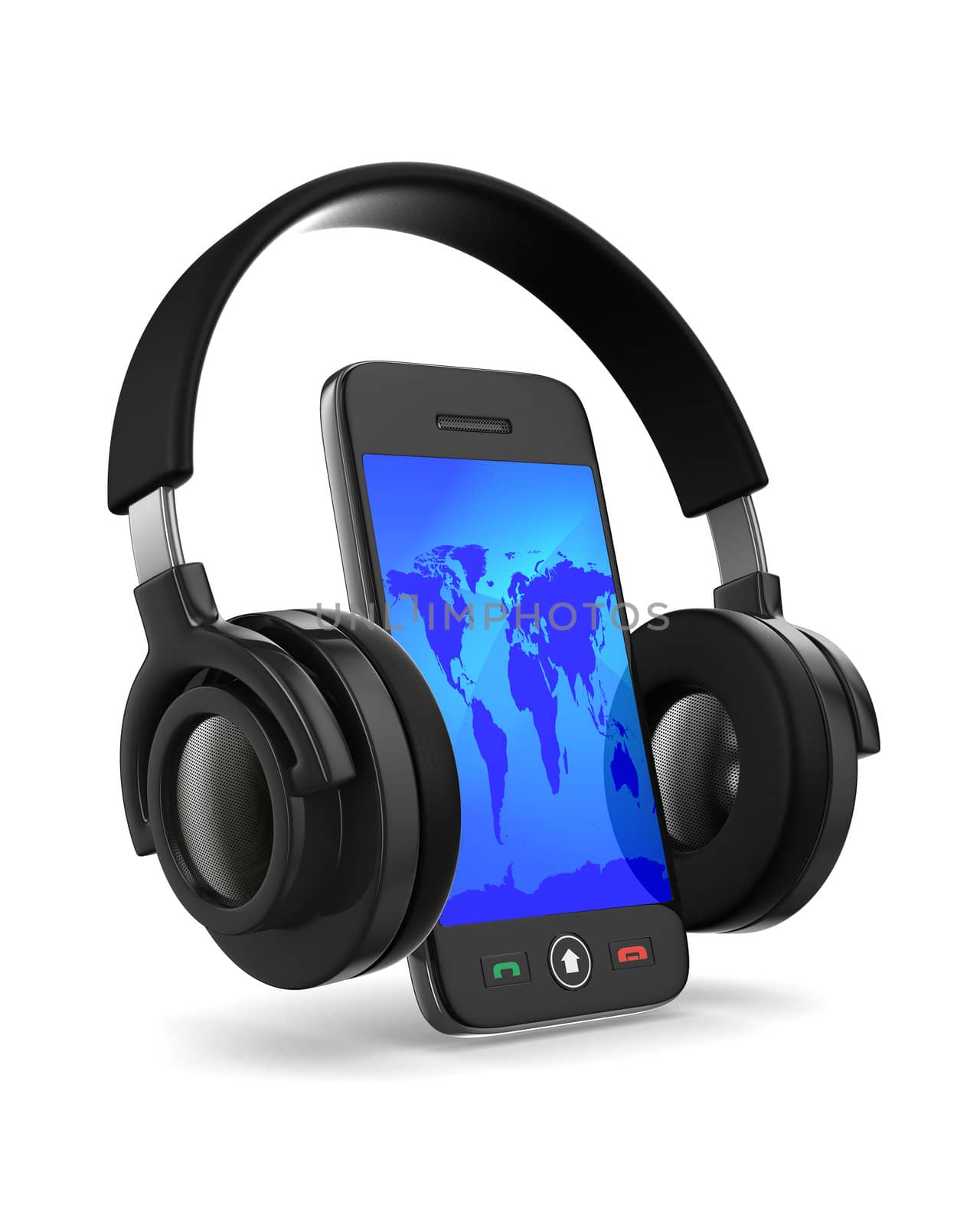 phone and headphone on white background. Isolated 3D image