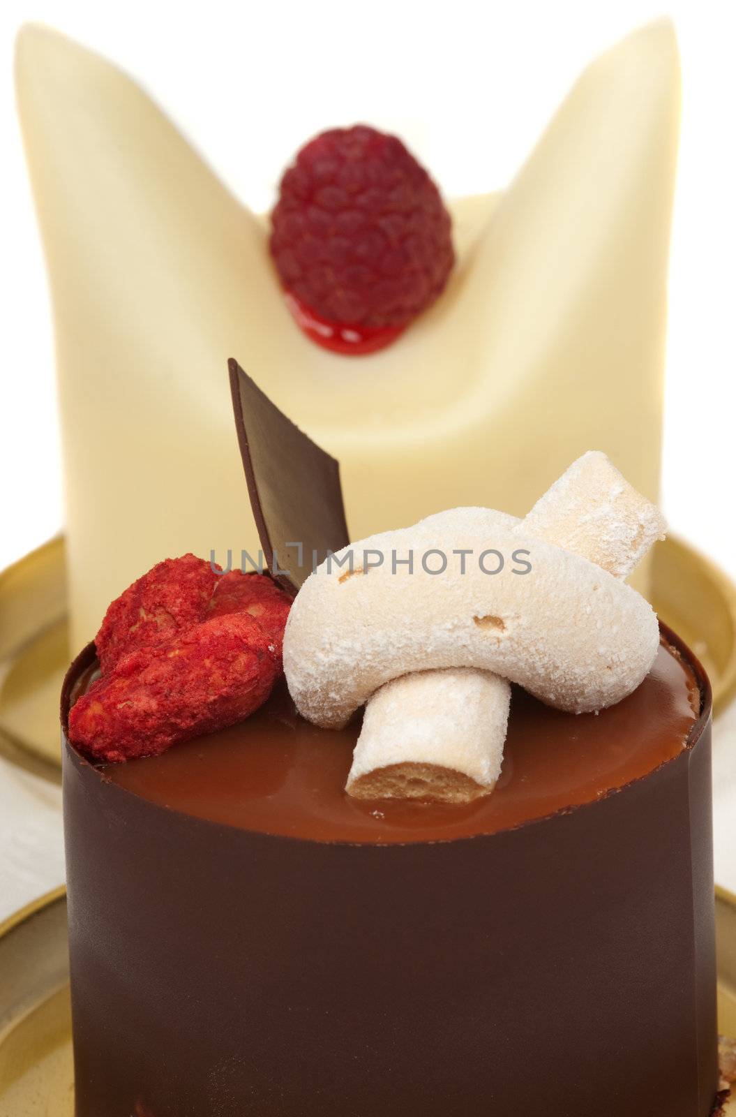gourmet French desserts with white and black chocolate