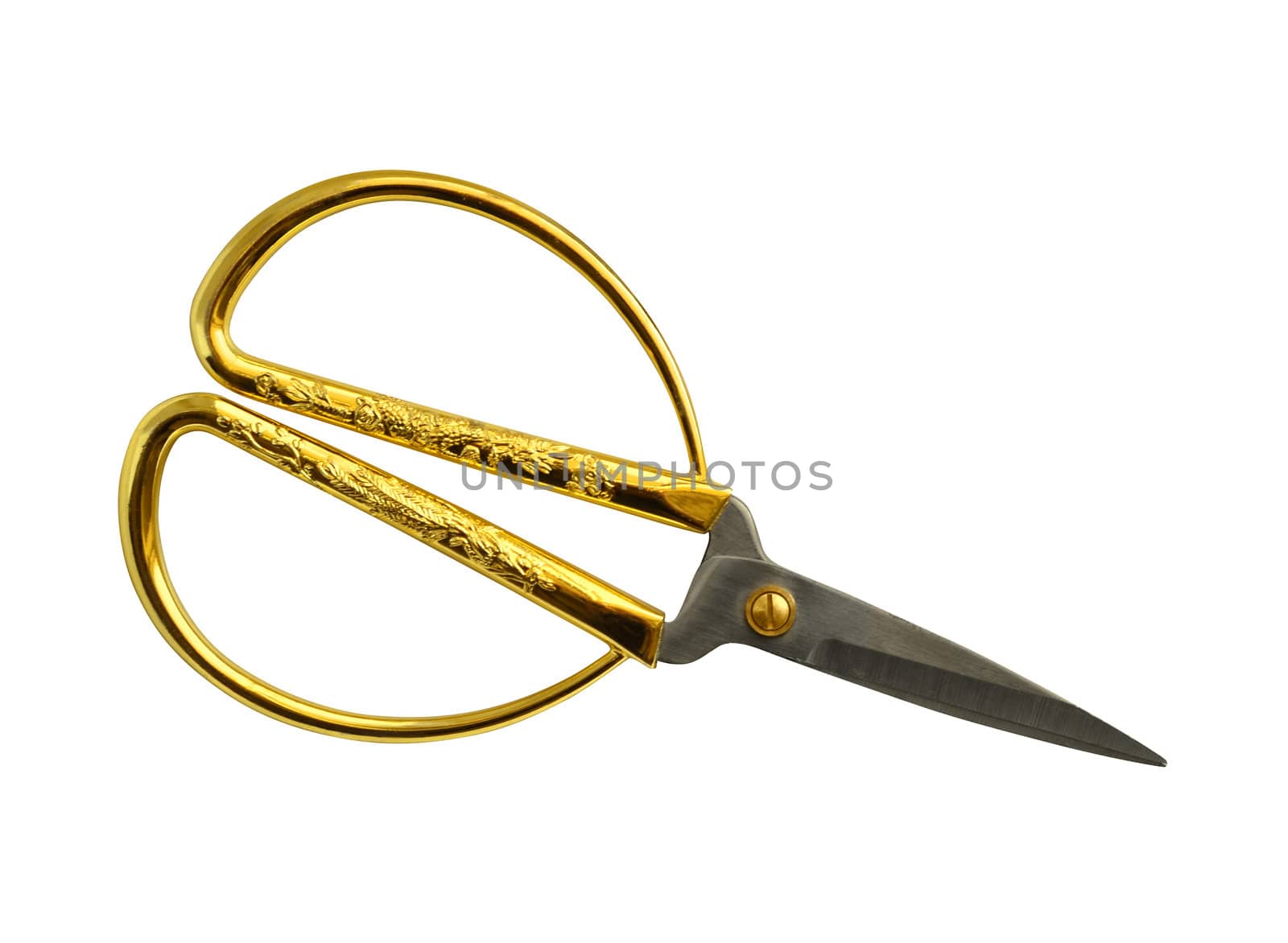 Traditional chinese scisors with gold plated handle. Isolated on white.