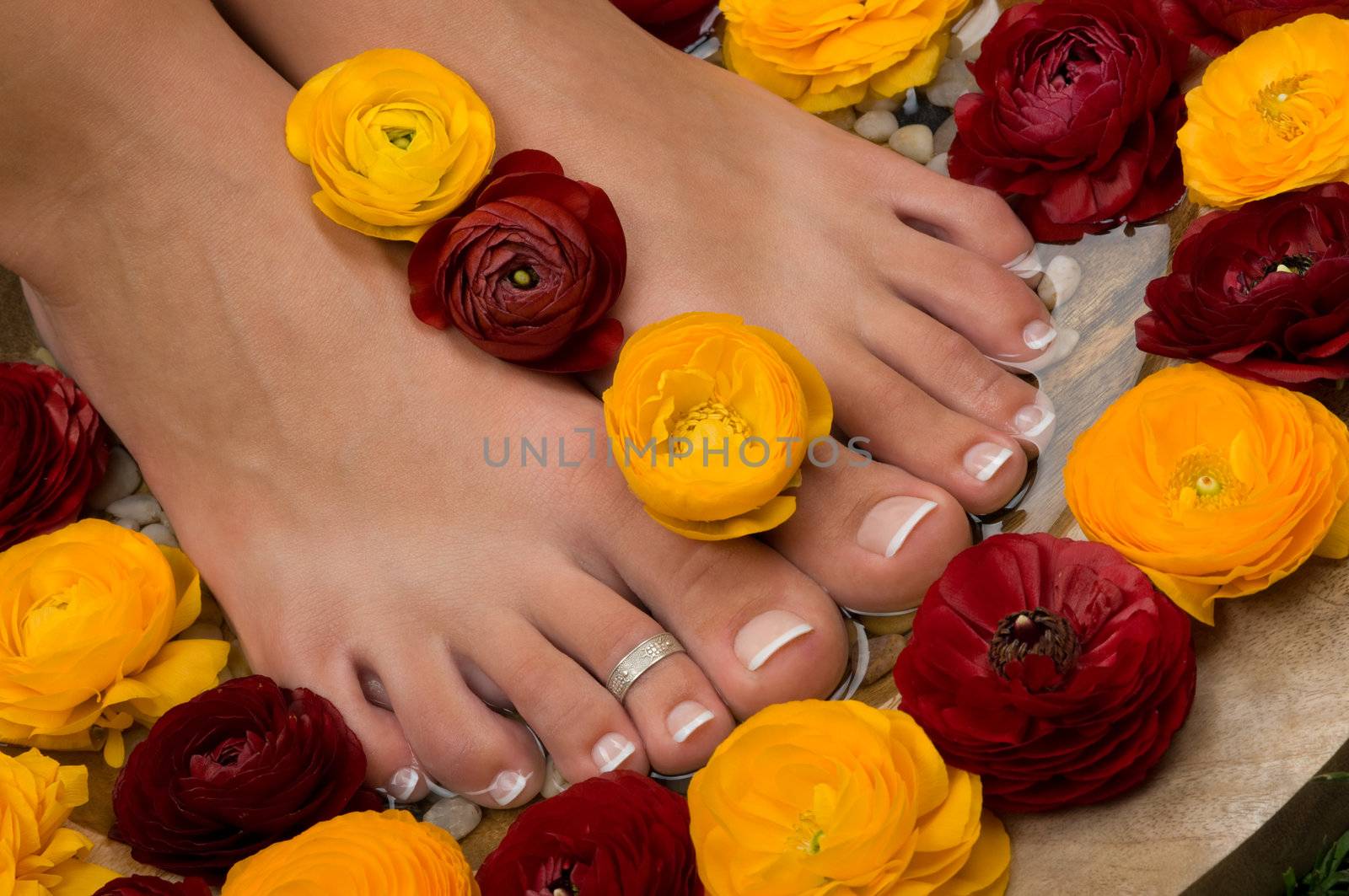 Spa treatment and pedicure with beautiful aromatic flowers
