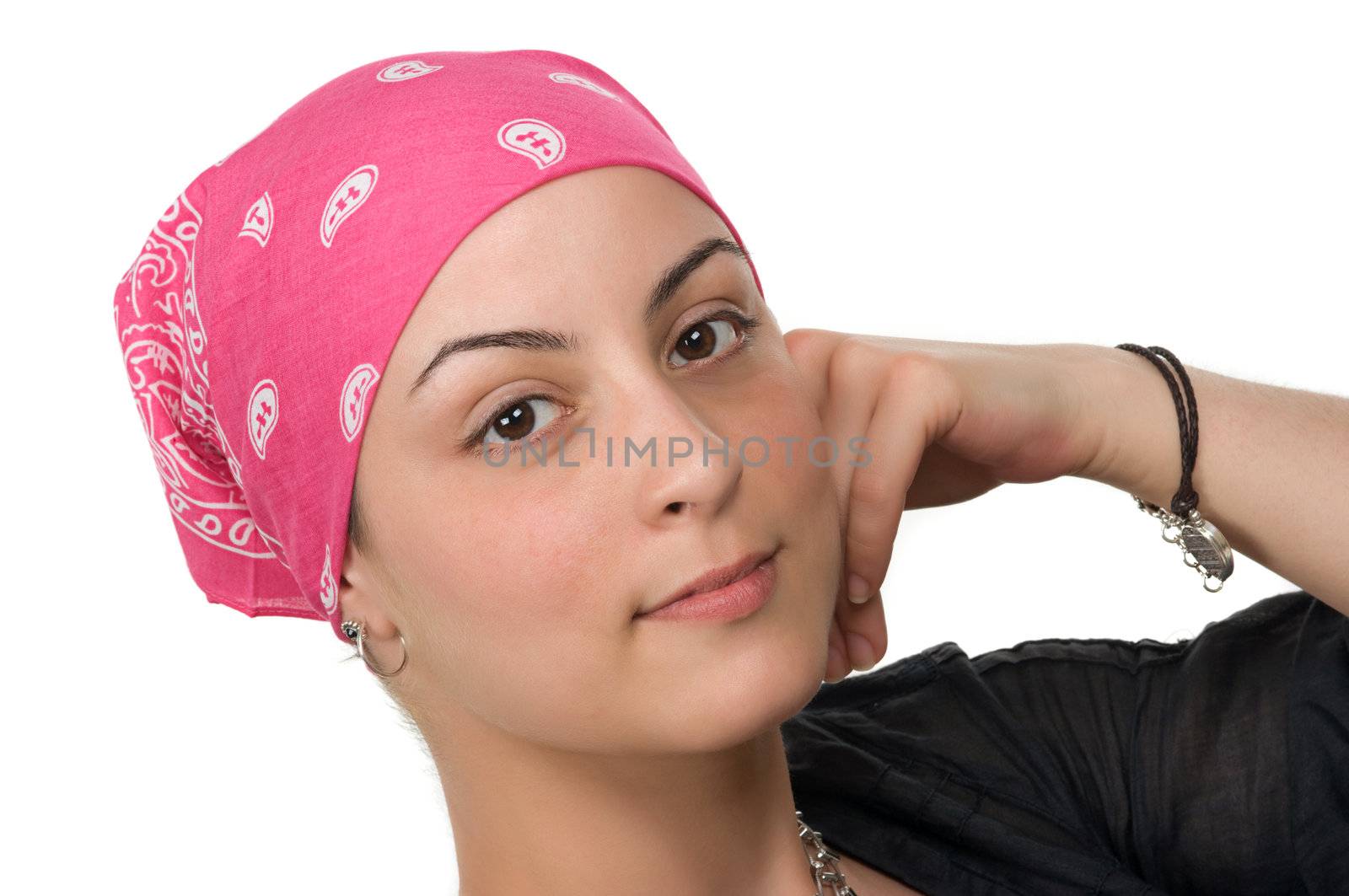 Beautiful breast cancer survivor with bandanna ( 2 months after chemo)