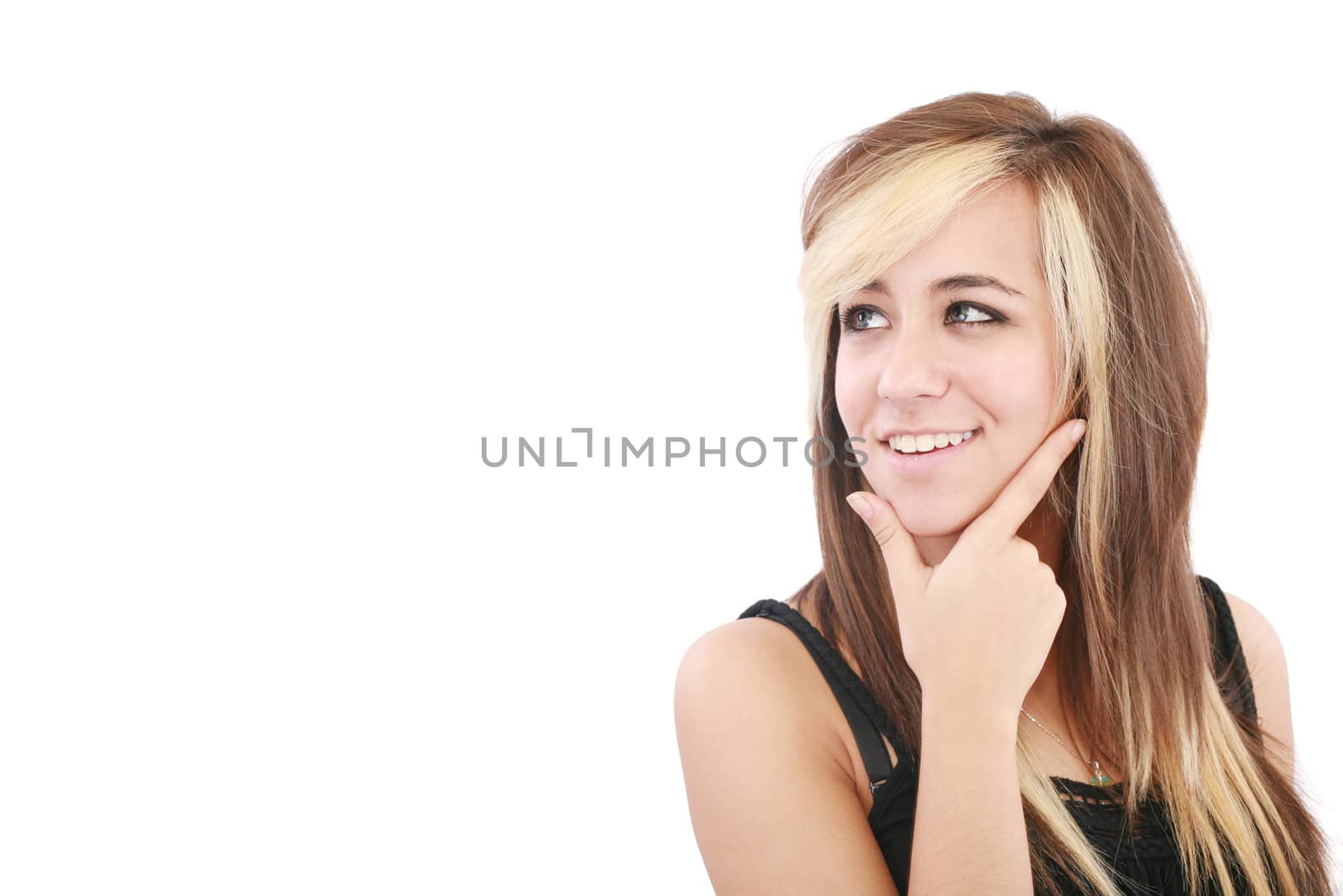 Portrait of a smiling thinking woman looking up - isolated on wh by dacasdo