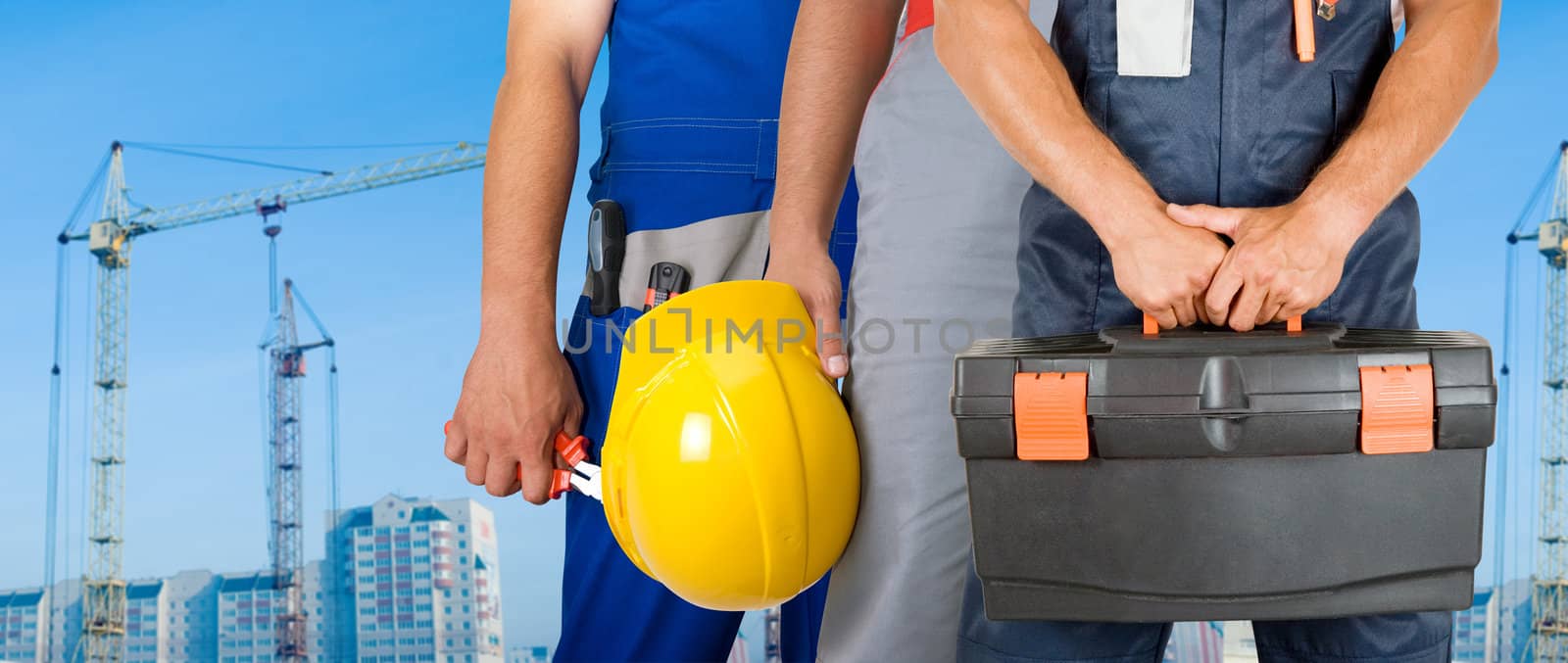 Different workers man closeup on building background