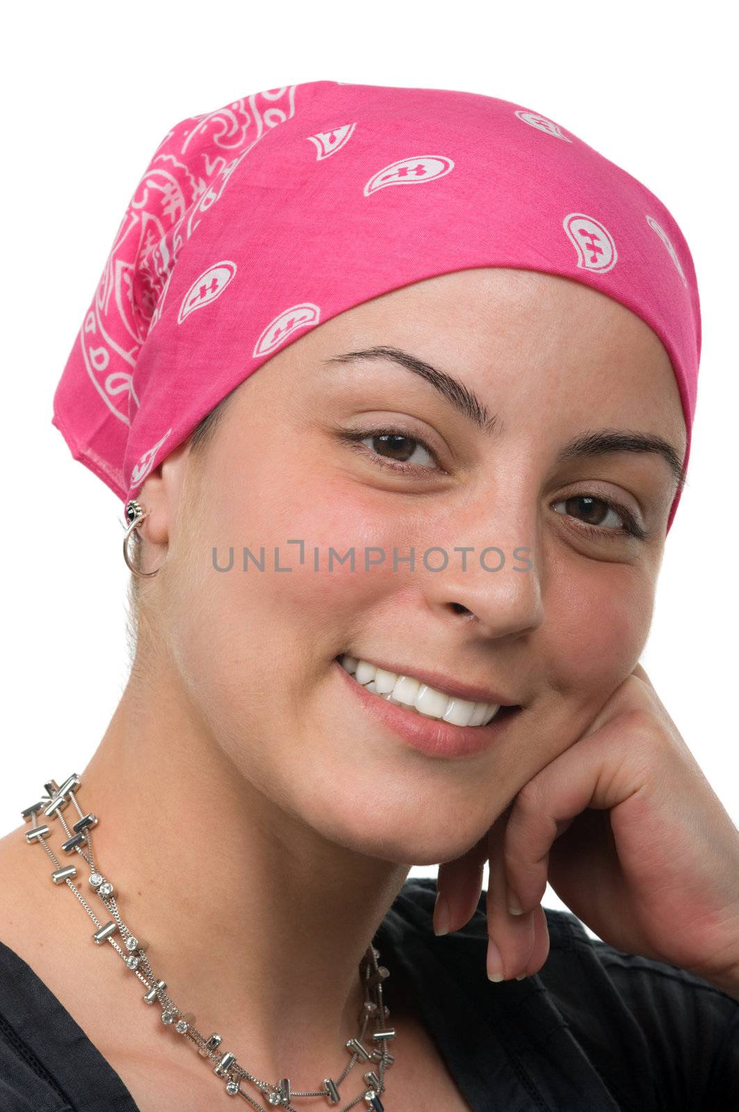 Beautiful breast cancer survivor with bandana ( 2 months after chemo)